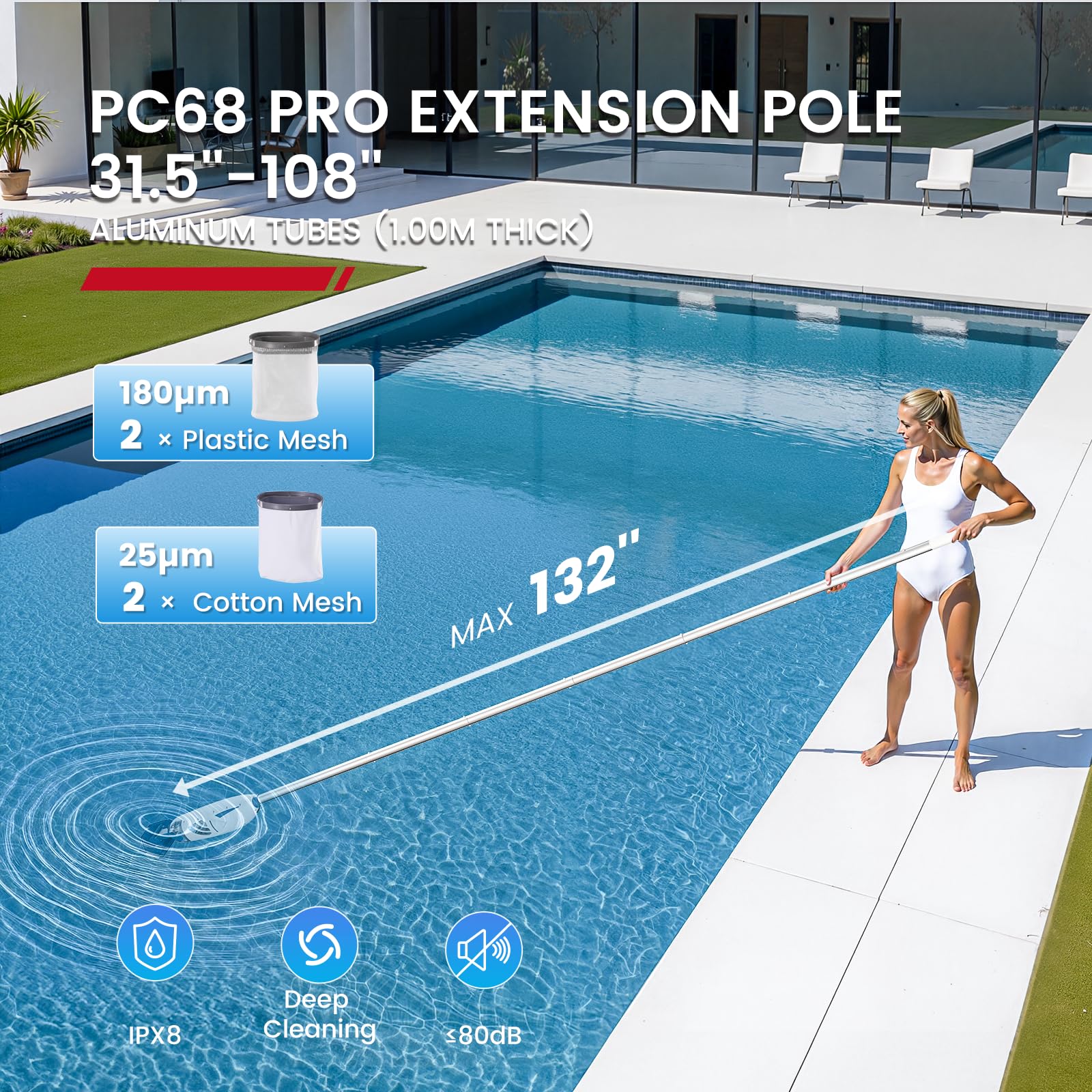 Aspirateur de piscine PC68 Pro, aspiration améliorée de 26,5 GPM, perche d'extension extra longue de 2,7 m, 4 filtres, autonomie de 1 h, nettoyeur de piscine portatif sans fil pour piscines hors sol