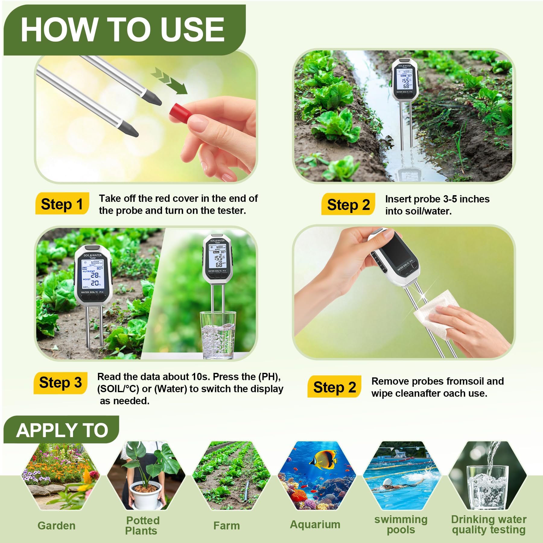 Analizador de suelo 7 en 1: mide la calidad del agua, el pH, la humedad, la temperatura, la luz, los nutrientes, la conductividad, etc. Apto para interiores, jardines y exteriores.