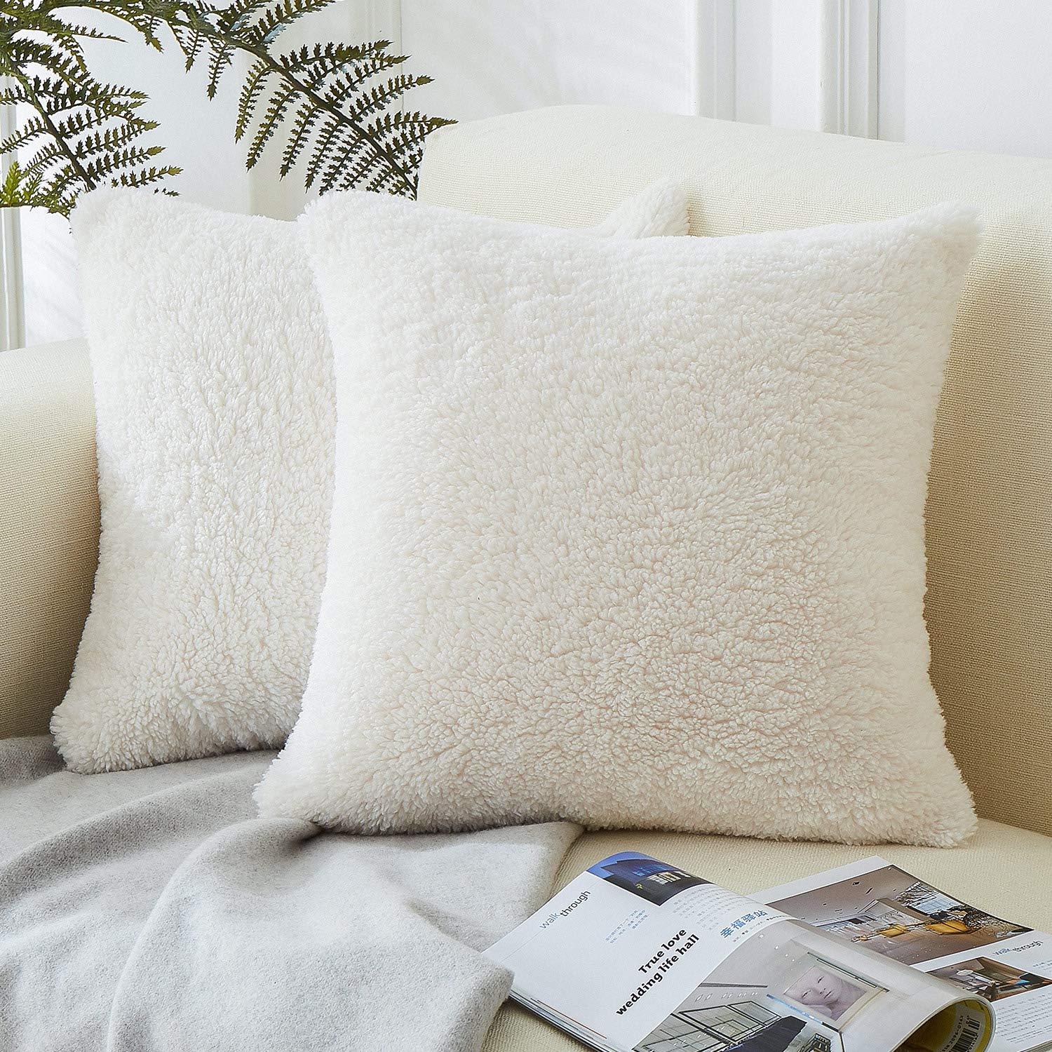 Topfinel Square Decorative Throw Pillow Covers with Faux Fur on One Side for Couch Sofa Chair Fluffy Cushion Cover 18x 18 inch 45x 45 cm, Set of 2, White,