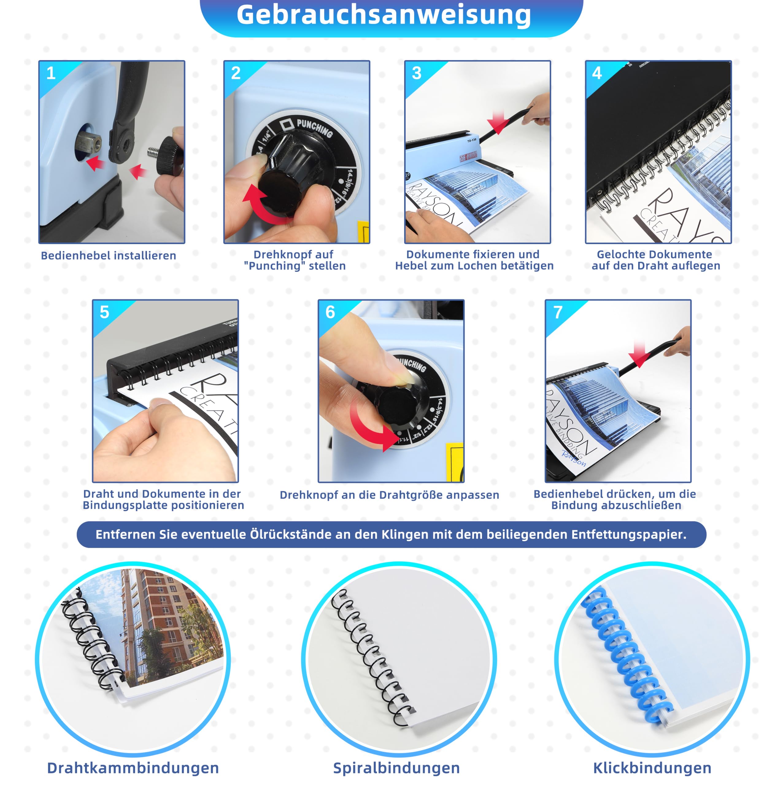 RAYSON Drahtbindegerät, 120 Blatt Binde, 3:1 Teilung, A4, 34-Loch-Doppelschleifen-Drahtbinder mit stabiler Metallkonstruktion, TD-130… | Robuste Metallkonstruktion, Kostenloses Bindematerial im Lieferumfang enthalten