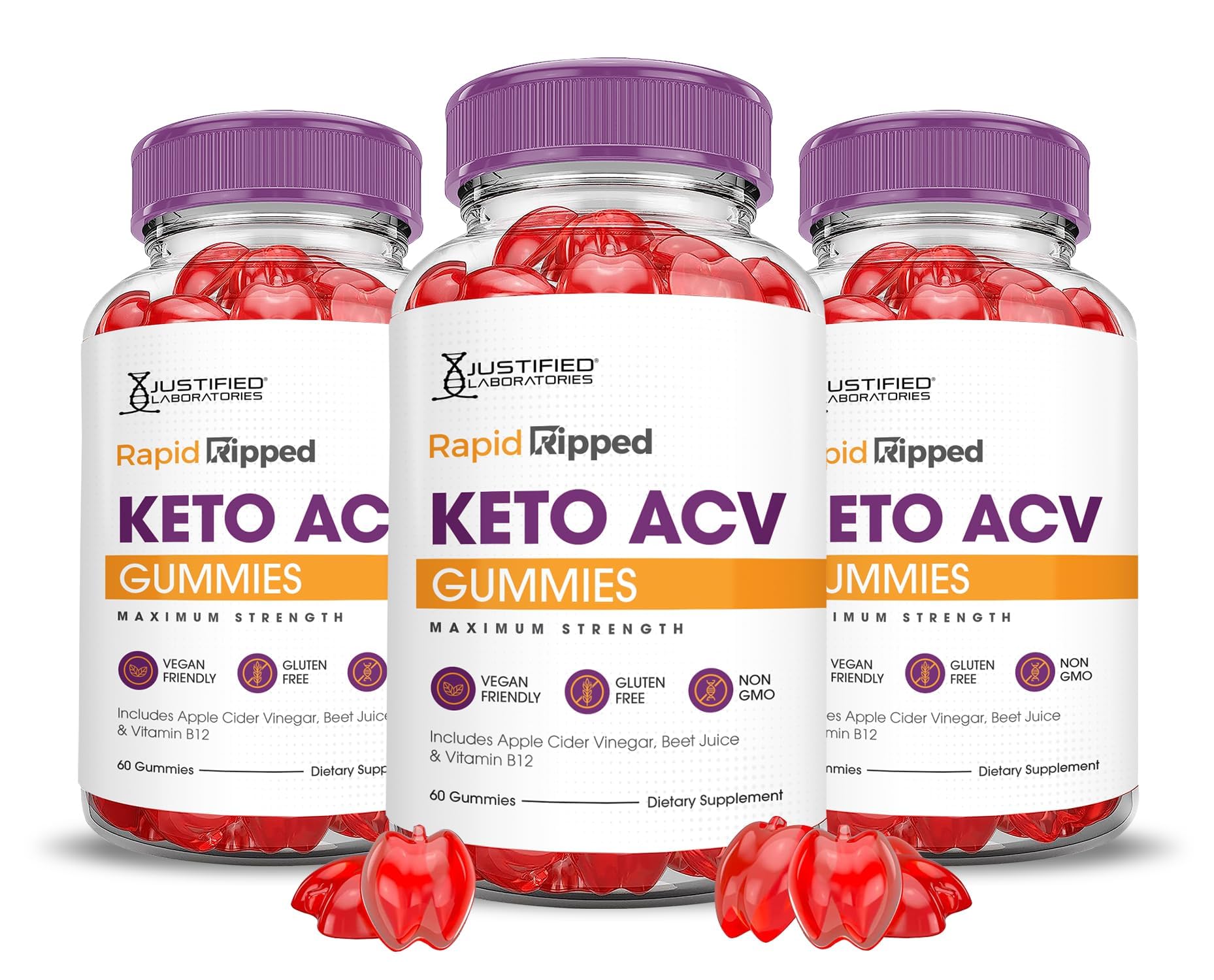 Justified Laboratories (3 Pack Rapid Ripped Keto ACV Vegan Non GMO 180 Gummies