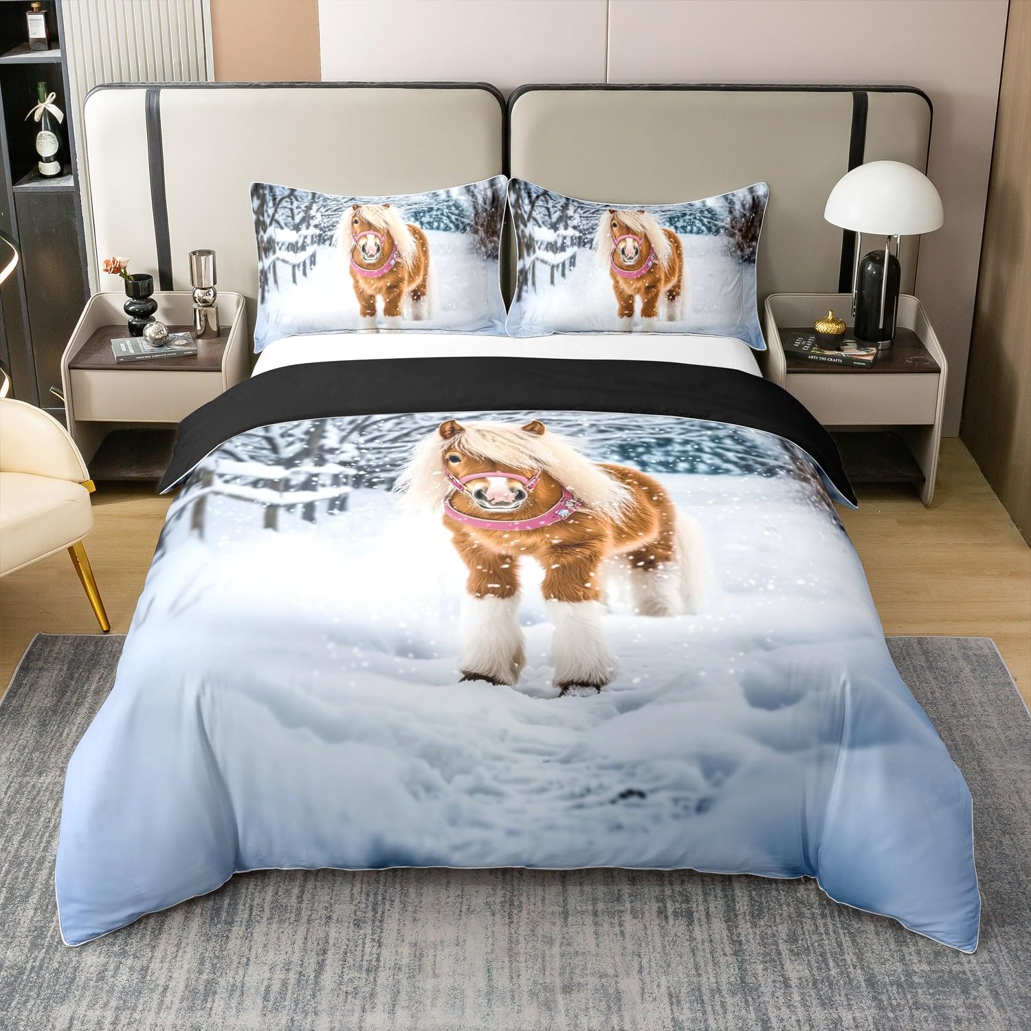 Homemissing Juego de funda de edredón 100 % algodón con diseño de caballo, tamaño Super King, para niños, adolescentes, copo de nieve, juego de ropa de cama de caballo de pies cortos, funda de edredón