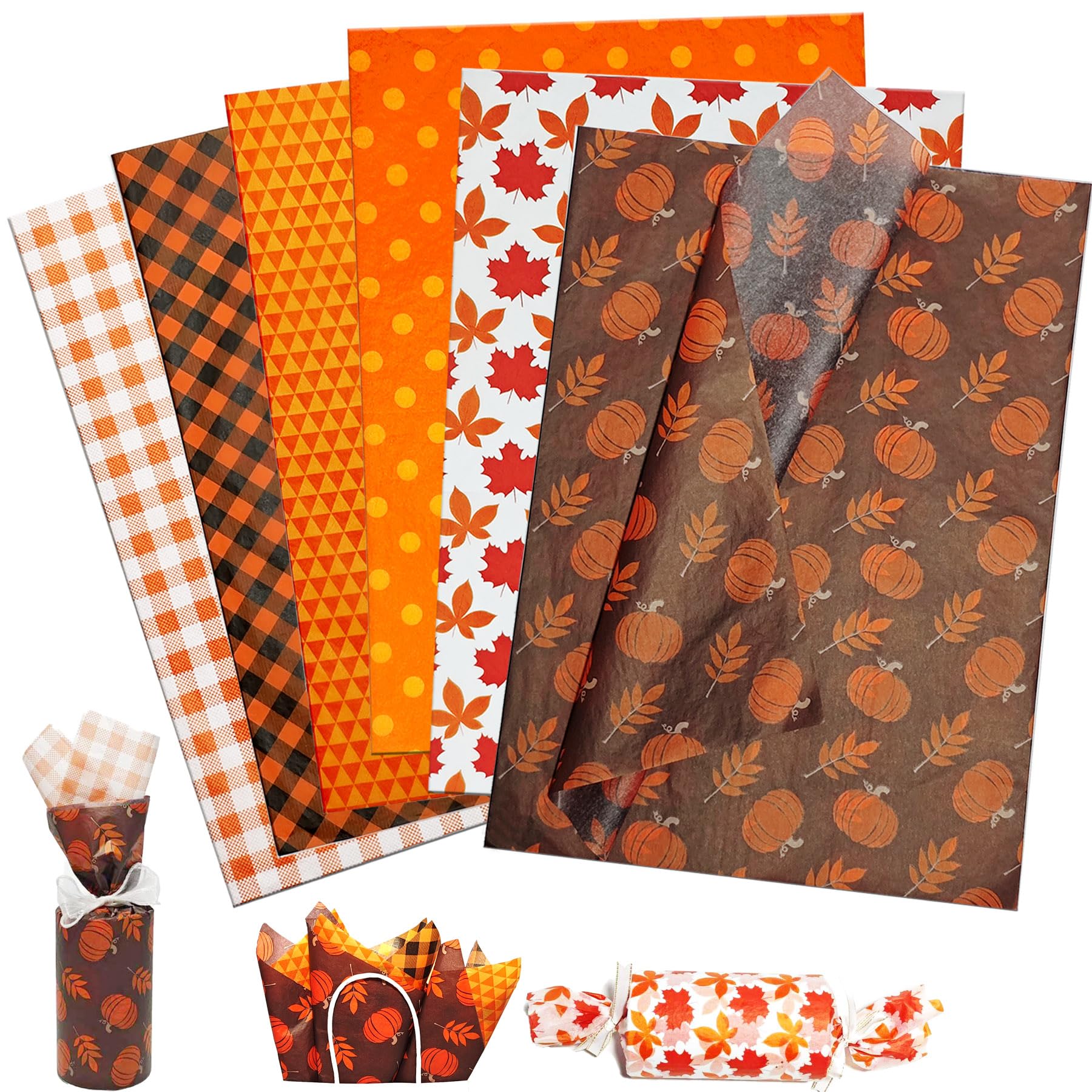 LIAPAWPAW 60 Sheets Fall Tissue Paper for Gift Bags Gifts Wrapping, Orange Gift Tissue Paper Bulk, Pumpkin Maple Patterns, Art Tissue for Autumn Harvest Thanksgiving Halloween Party Decor DIY,20x14in โ image 1