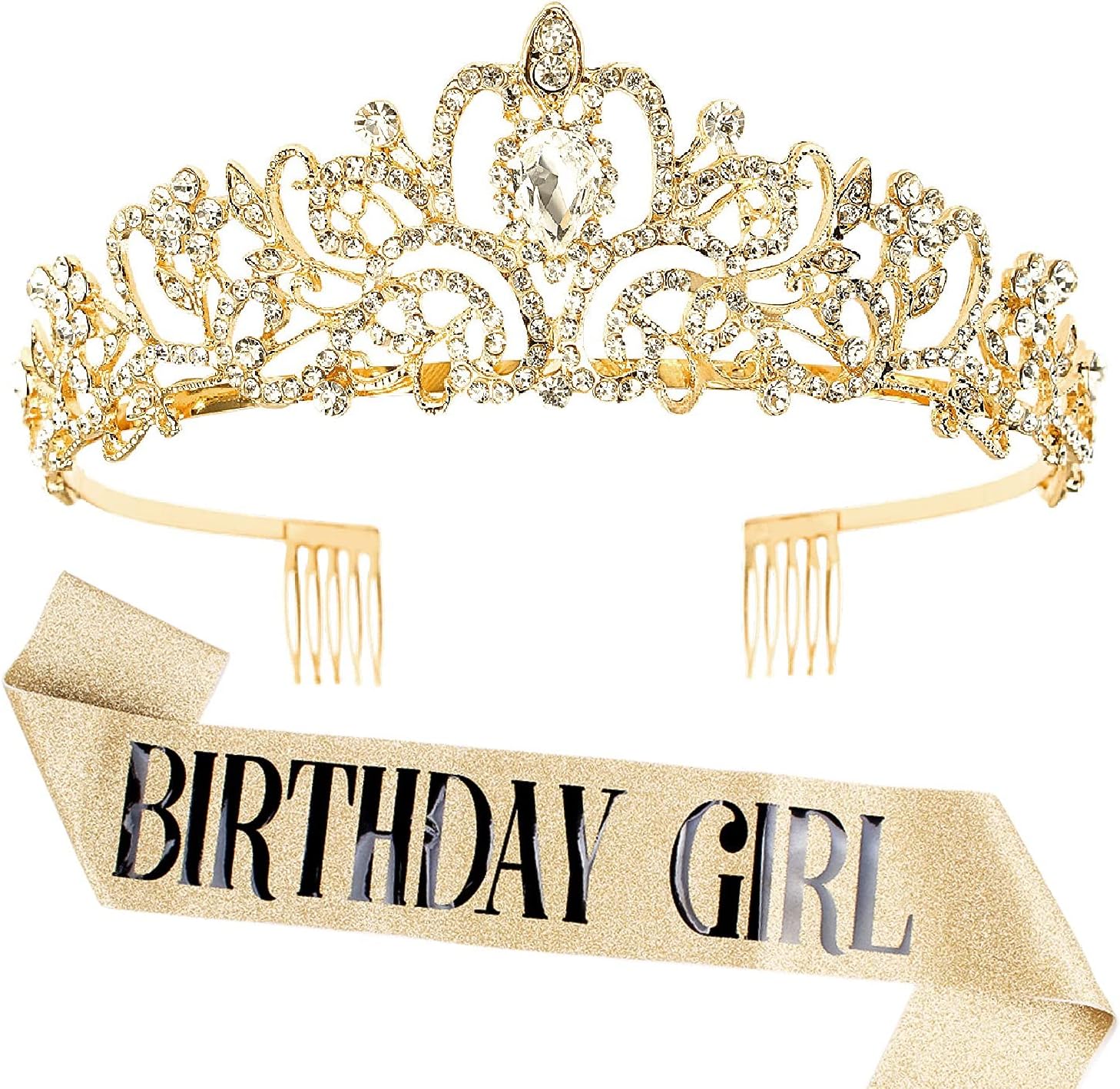 Birthday Crown & Birthday Girl Sash Set, Aprince Rhinestone Tiaras and