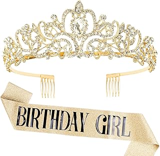 Aprince Birthday Crown & Birthday Girl Sash Set, Rhinestone Tiaras and Crowns for Women Girls Gold Tiara Birthday Gold Sash Princess Tiaras Queen Crowns for Birthday Prom Photoshoot