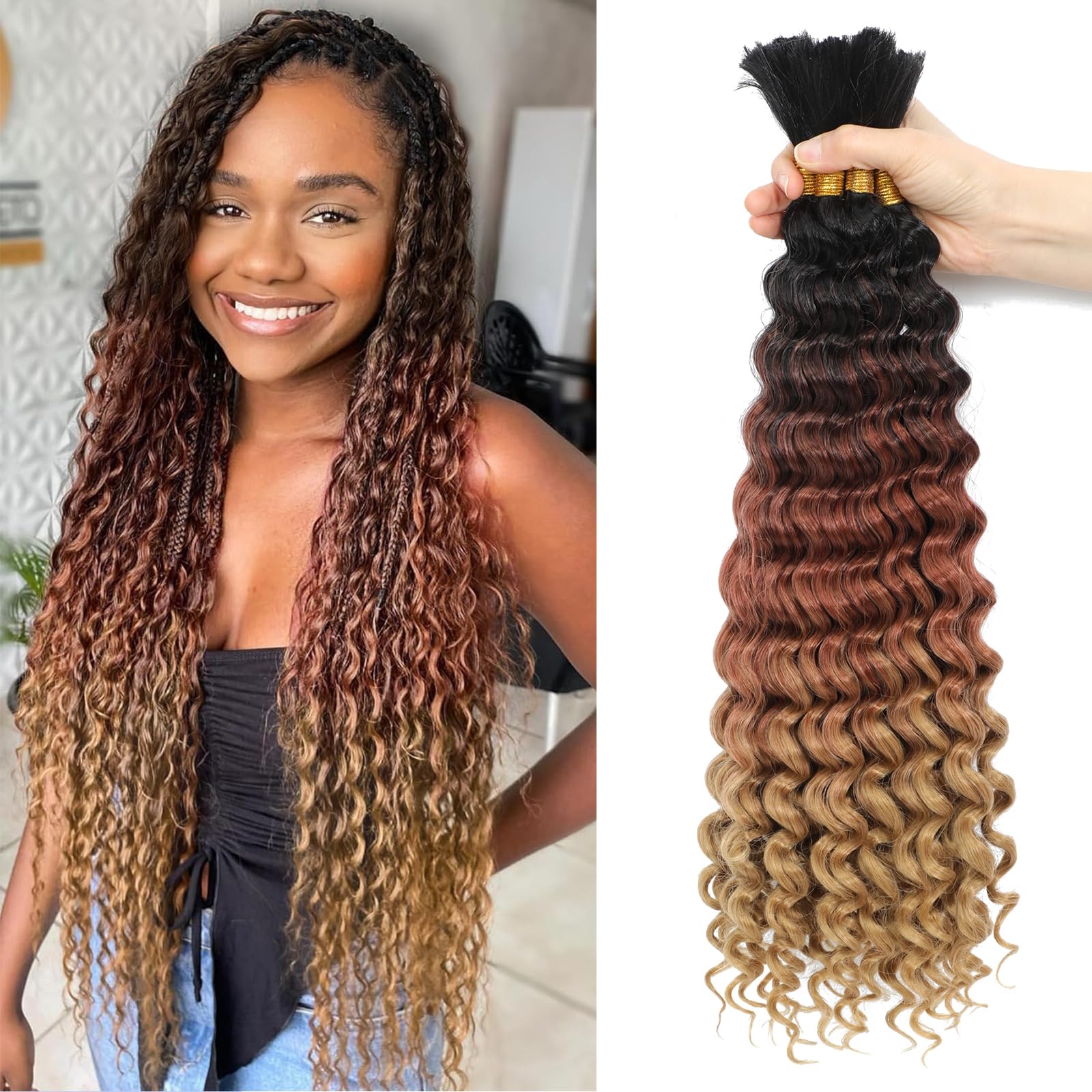 BLTYXT Deep Wave Bulk Hair 18 Inch 6 Bundles Synthetic Braiding Hair Curly Crochet Hair Boho Braids Natural Color for Hair Extensions (T1B-30-27