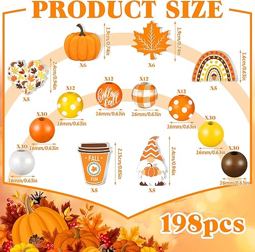 Miniatura 2 de 200 cuentas de madera de otoño, cuentas de Acción de Gracias, cuentas de hoja de arce de calabaza, cuentas espaciadoras sueltas redondas coloridas