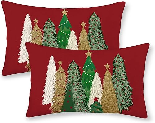 GOLIANDA Juego de 2 fundas de almohada de Navidad de 12 x 20 pulgadas, fundas de almohada de lino decorativas de invierno, Navidad, almohadas rojas GOLIANDA Juego de 2 fundas de almohada de Navidad de 12 x 20 pulgadas, fundas de almohada de lino decorativas de invierno, Navidad, almohadas rojas