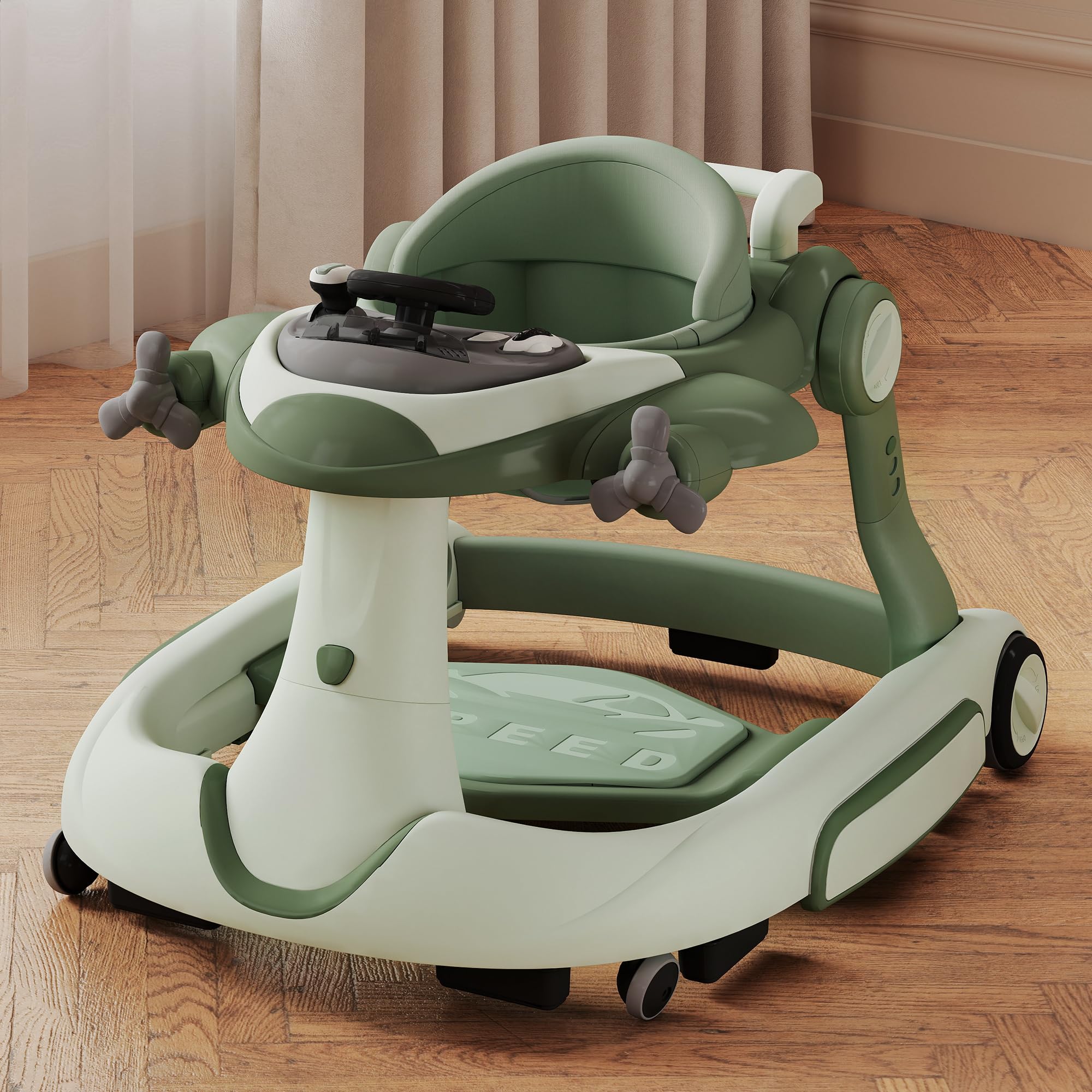 Kinder King 8-in-1 Baby Walker with Music Lights 3 Level Adjustable Height Foldable Toddler Walker with Speed Adjustable
