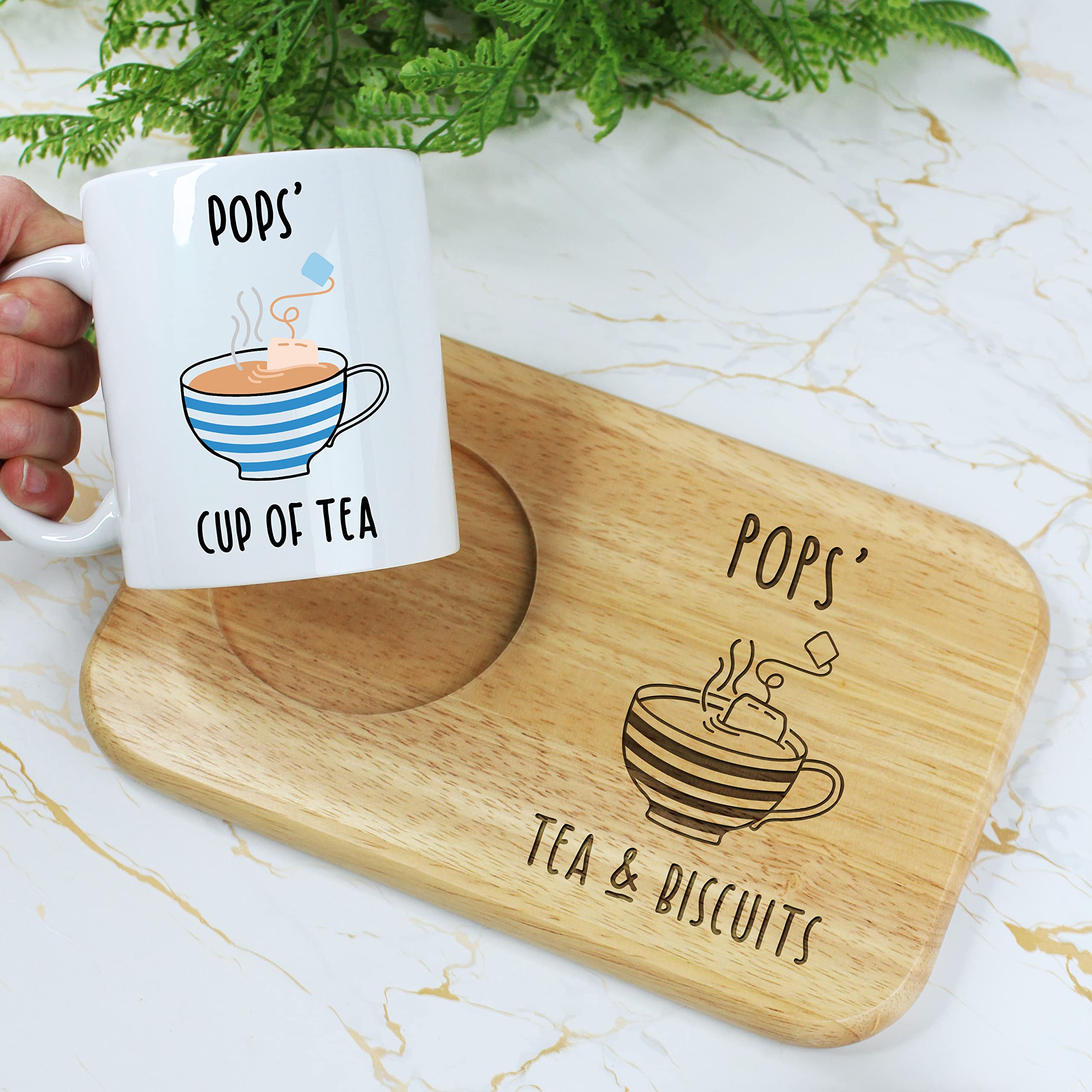 Pops' Tea & Biscuits Board & Mug Set, Wooden Treat Board with Cup of Tea Mug, Snack Tray, 350ml Coffee Mug, Father's Day, Birthday Gifts for Pops
