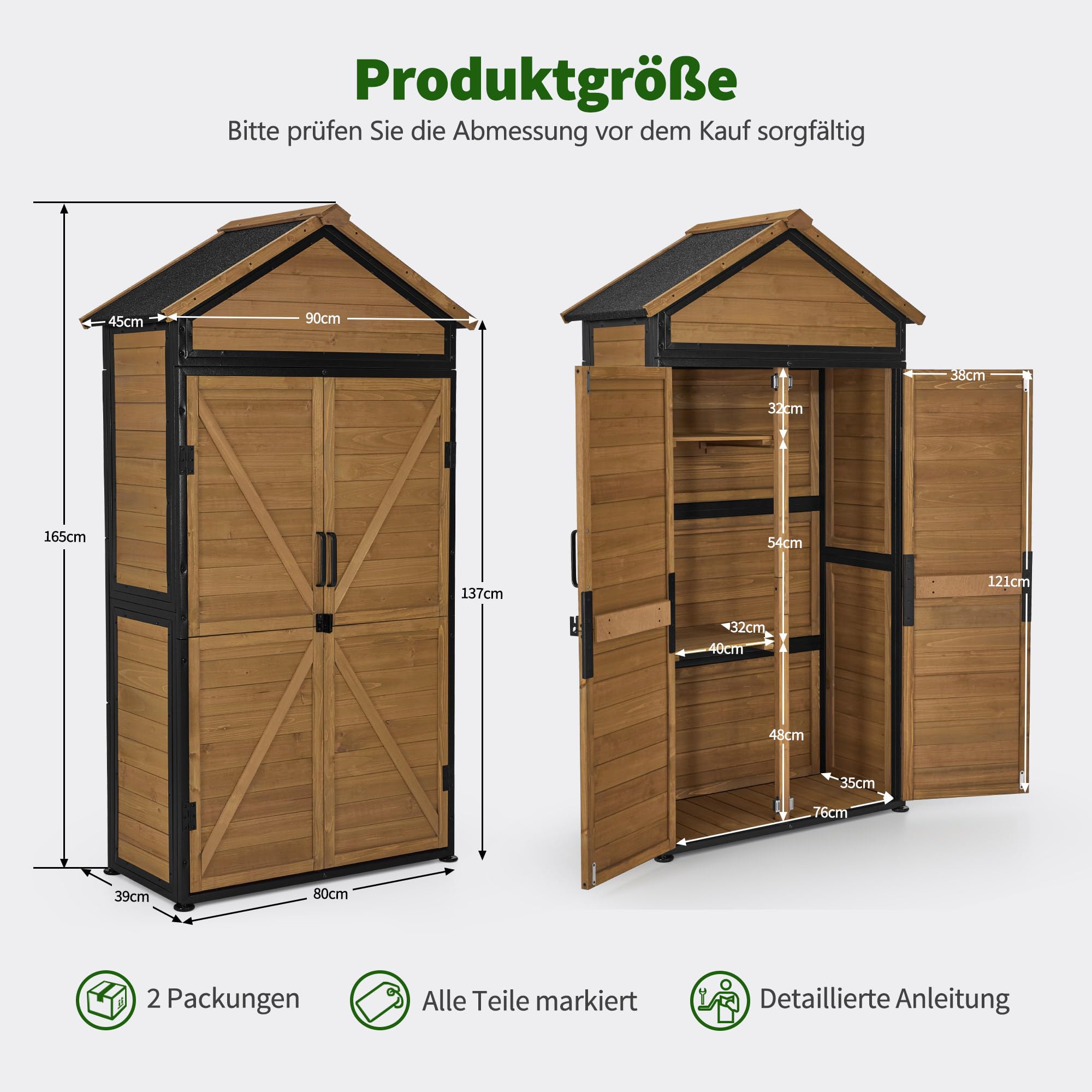 MCombo Armadio da giardino in legno resistente alle intemperie con 2 ripiani mobili 45 x 90 x 165 cm Naturale