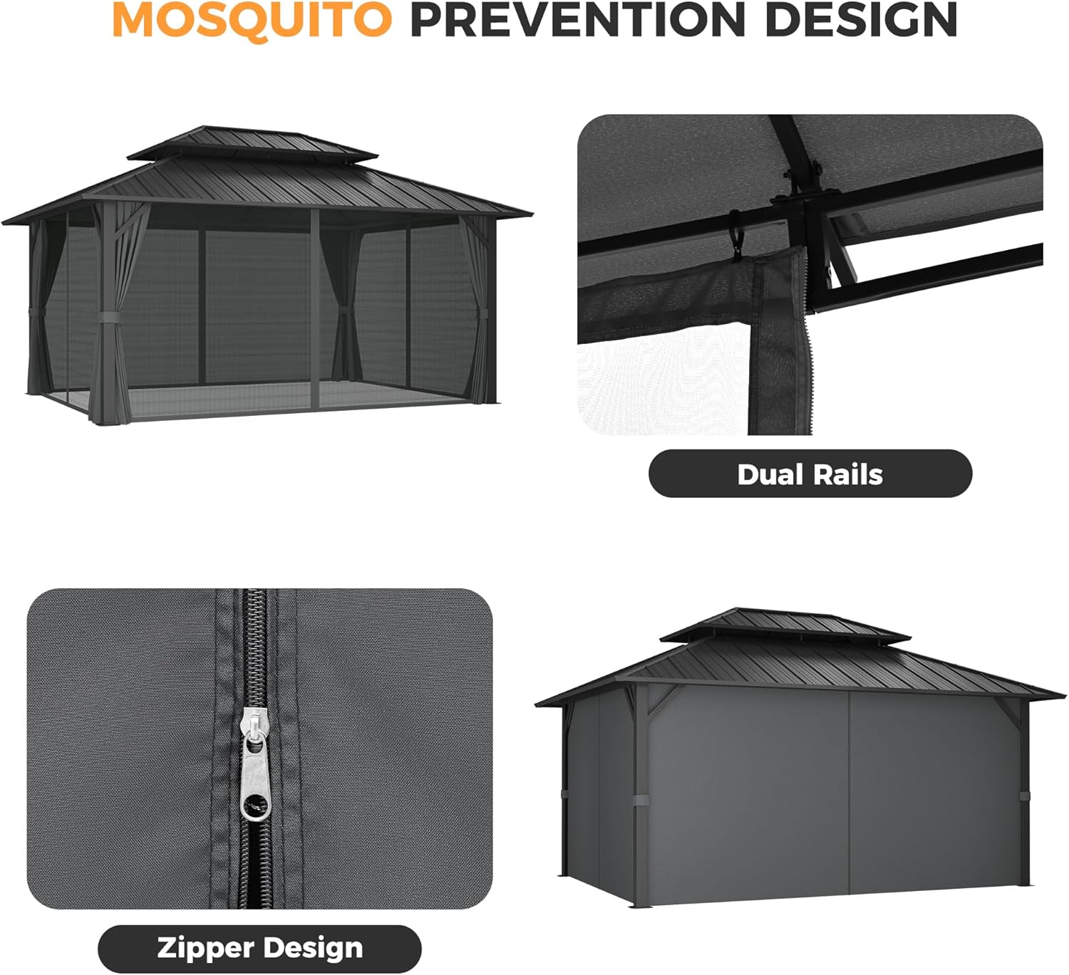 HAPPATIO 12'x16' Outdoor Gazebo with Hardtop Roof, Double Galvanized Steel Roof Canopy with Aluminum Frame, Curtains and Netting for Patio, Backyard, Deck, Lawn, Grey, Easy Assembly (Grey)