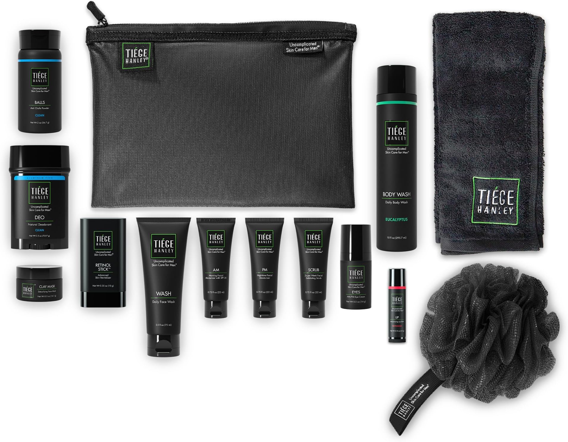Tiege HanleyMens Skin Care Gift Box Set, Platinum - Men's Skincare Set Includes Face Wash, AM & PM Moisturizer, Scrub, Eye Cream, Clay Mask, Retinol Stick, Body Wash, Deodorant, Lip Balm