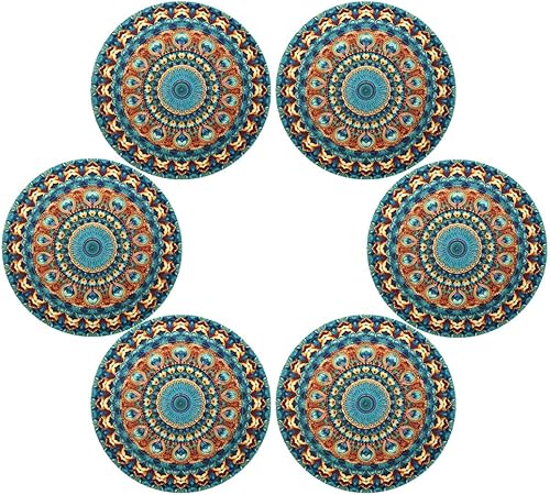 Miniatura 3 de Kigai Juego de 6 manteles individuales redondos para mesa de comedor, diseño de mandala, antideslizantes, lavables, resistentes al calor, para