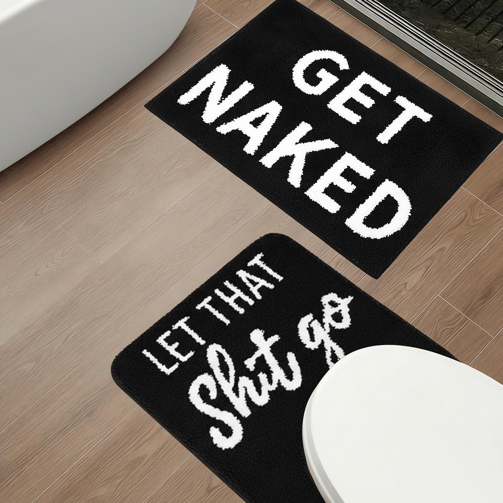 Drydiet 2 Pcs Bathroom Rug U Shaped Fun Toilet Rug Cute Bath Mat Washable Soft and Absorbent Bathroom Rugs Non Slip Bath Machine Wash Funny Decor (Black, 24" x 20" Plus 24" x 16")