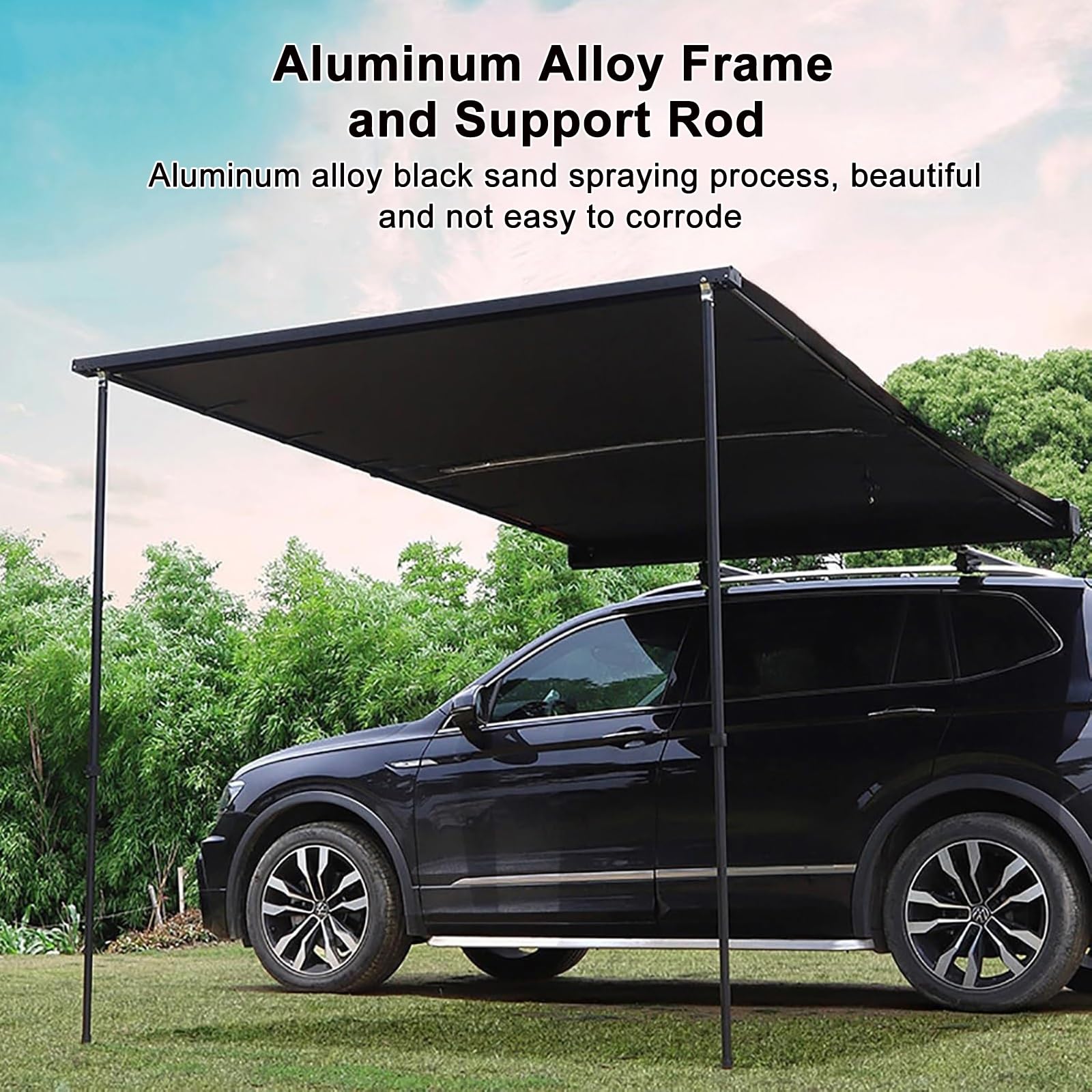 Einziehbare SUV-Markise für Camping, Seitenmarkisen fürs Auto mit PU5000mm-Tragetasche, ausziehbarer Sonnenschutz für Dachgepäckträger aus schwarzem Aluminium, für SUV/LKW/Van(160x250cm/5.2x8.2ft)
