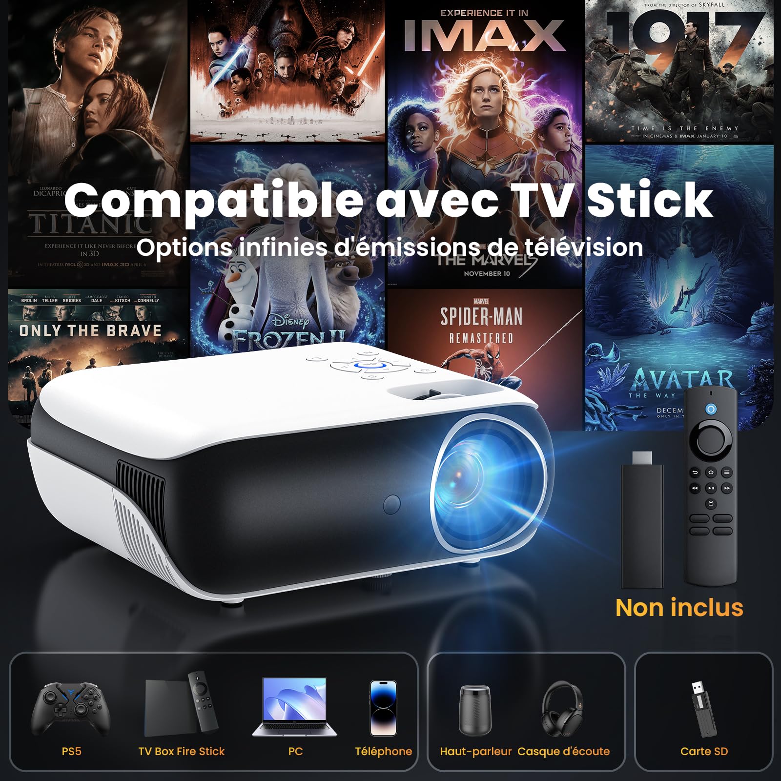 HOPVISION Projecteur 4K Supporté, Mini Projecteur Bluetooth 5.1 Home Cinéma 9500 lux Vidéoprojecteur, Natif Full HD 1080P Retroprojecteur 180'' pour Extérieur/Maison Fire Stick/Smartphone/PS5/HDMI