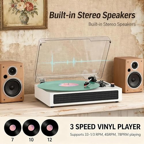 Miniatura 3 de Tocadiscos de vinilo Bluetooth, tocadiscos retro de 3 velocidades con altavoces integrados, grabación USB, parada automática AUX, reproductor LP de