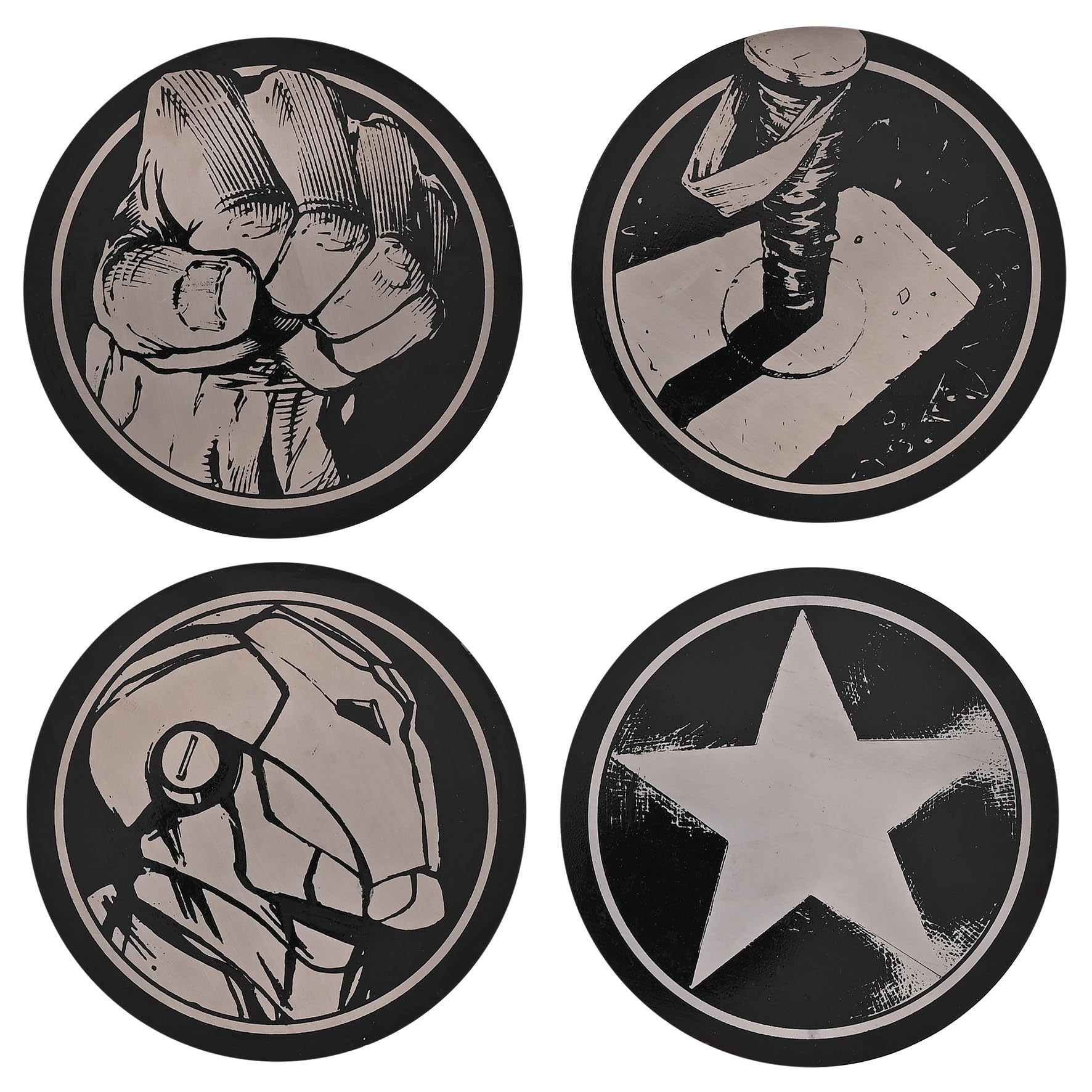 Marvel Avengers Black Round Metal Coasters – Set of 4 with Iconic Superhero Symbols – Modern Drink Coasters Featuring Iron Man, Thor, Hulk & Captain America Designs
