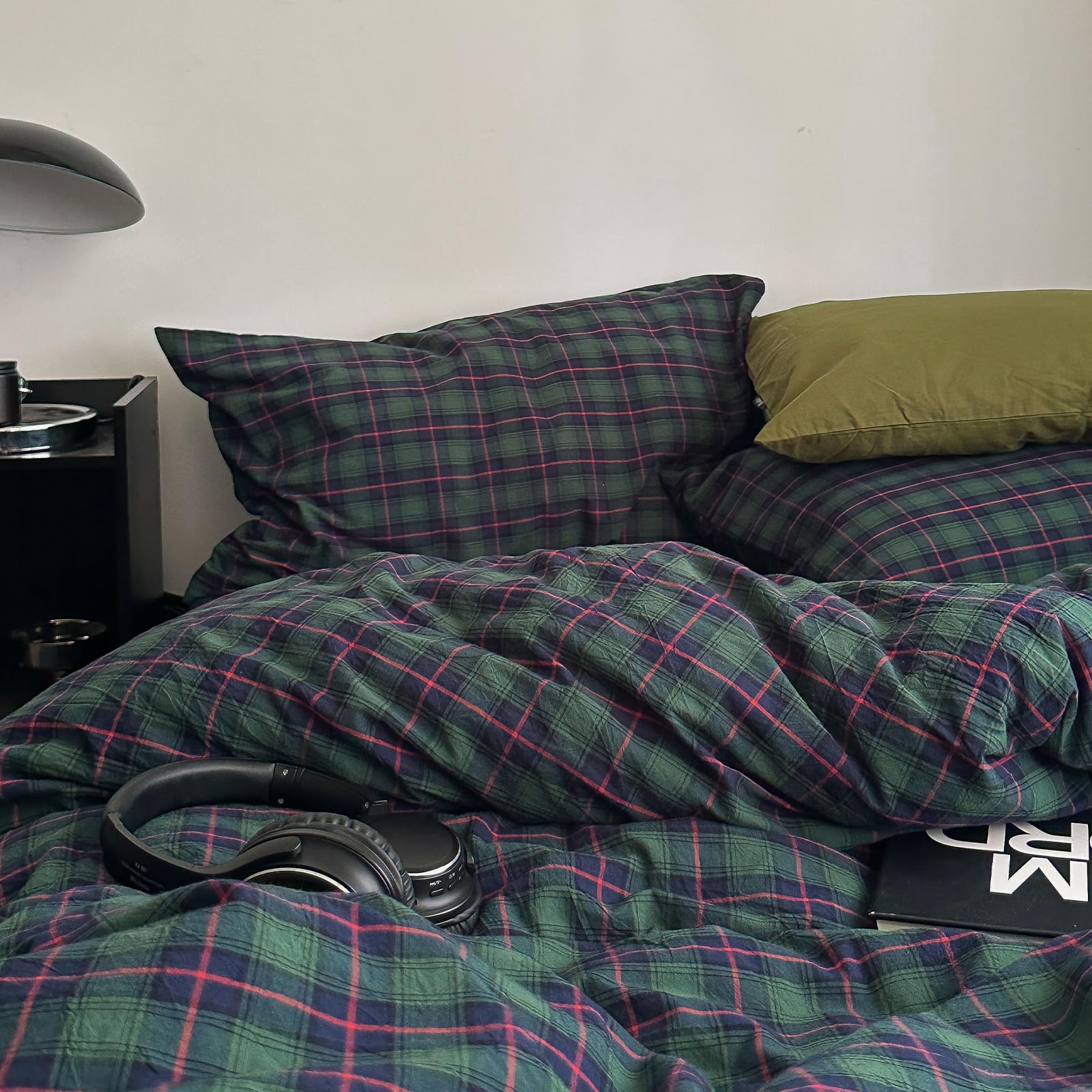 MKXI Twin Size Vintage Forest Green Plaid Duvet Cover Set, 3 Piece Retro Tartan Bedding Collection with Navy Check, Breathable Old-Money Aesthetic Bed Set with Zipper Closure &amp; Corner Ties