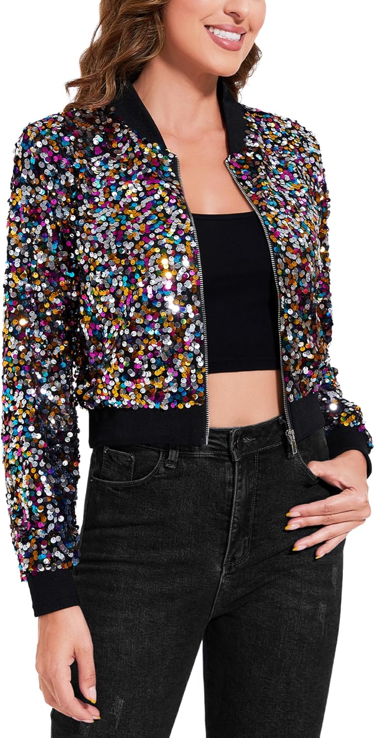 Anna-Kaci Women's Sparkly Sequin Cropped Jacket Long Sleeve Zipper Up Party Club Bomber Jacket - Image 2