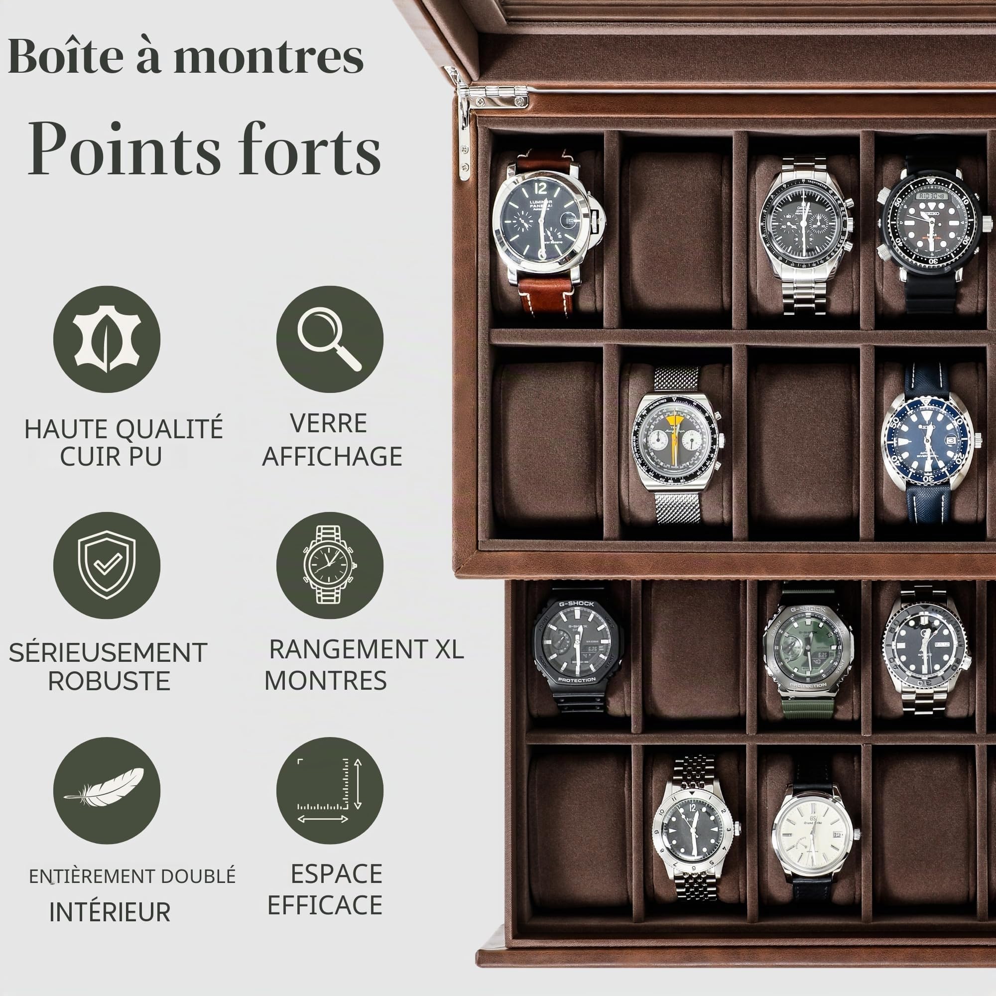 TAWBURY Boîtier de montre extra large à 24 emplacements – Boîtier de montre XL pour homme | Boîtiers de montre pour homme 24 emplacements | Organiseur de montres | Vitrine de montre extra large