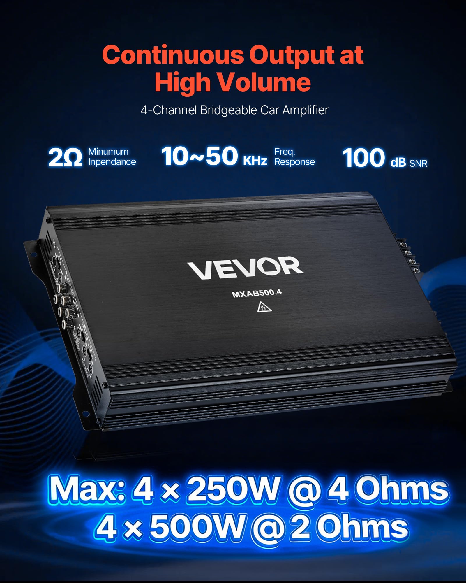 VEVOR Amplificador para Automóvil 4 Canales Clase AB Máximo 4 x 250W a 4 ohmios y 4 x 500W a 2 ohmios, Amplificador Estéreo de Audio para Coche Puenteable para Sedán SUV Camioneta Vehículo Todoterreno