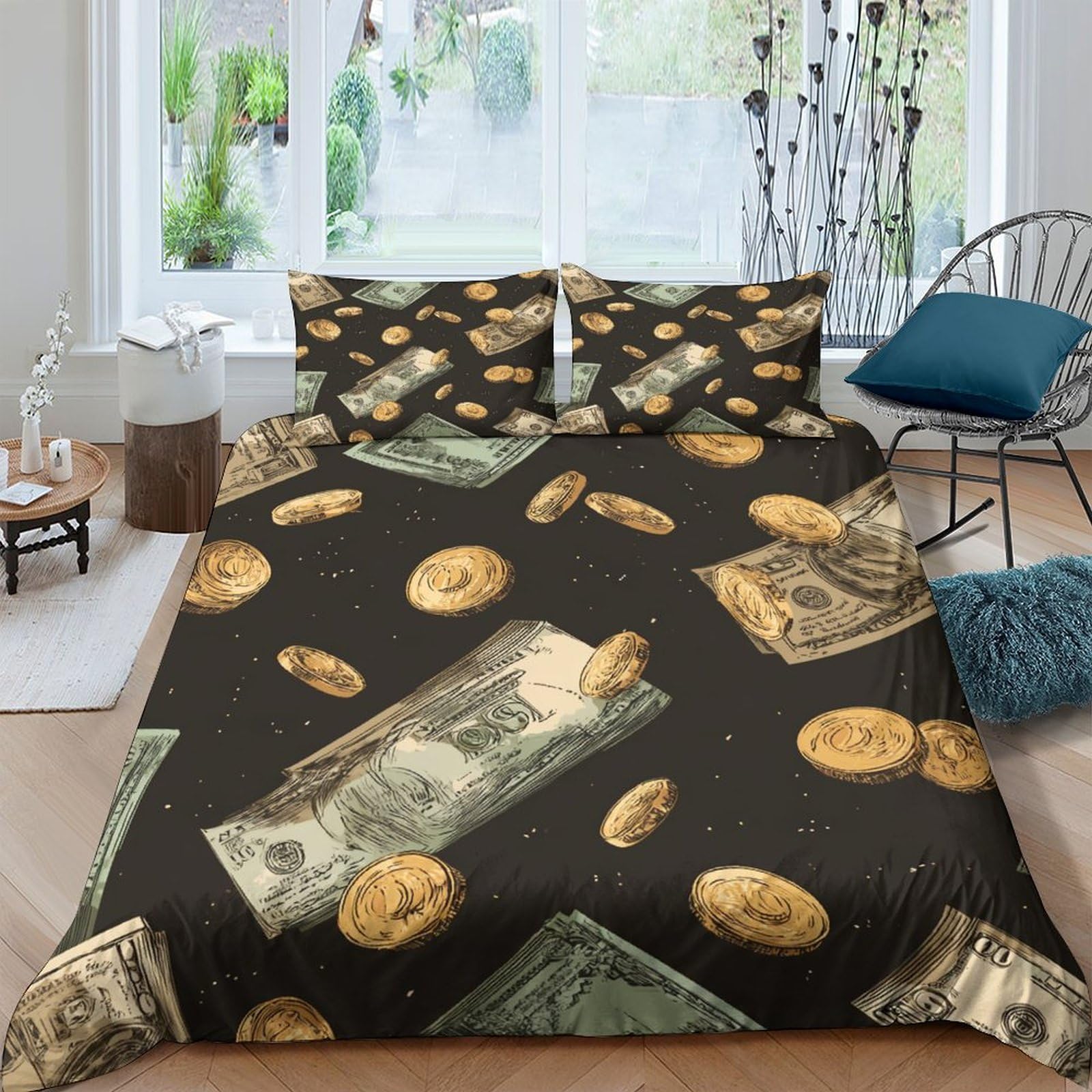 Ctjqhvkz Style-9 3D Printed Money Coin Fitted Sheet Microfiber Soft Black Dollar Banknote Bed Cover For Bedroom Dorm Decor Single（135X200cm）