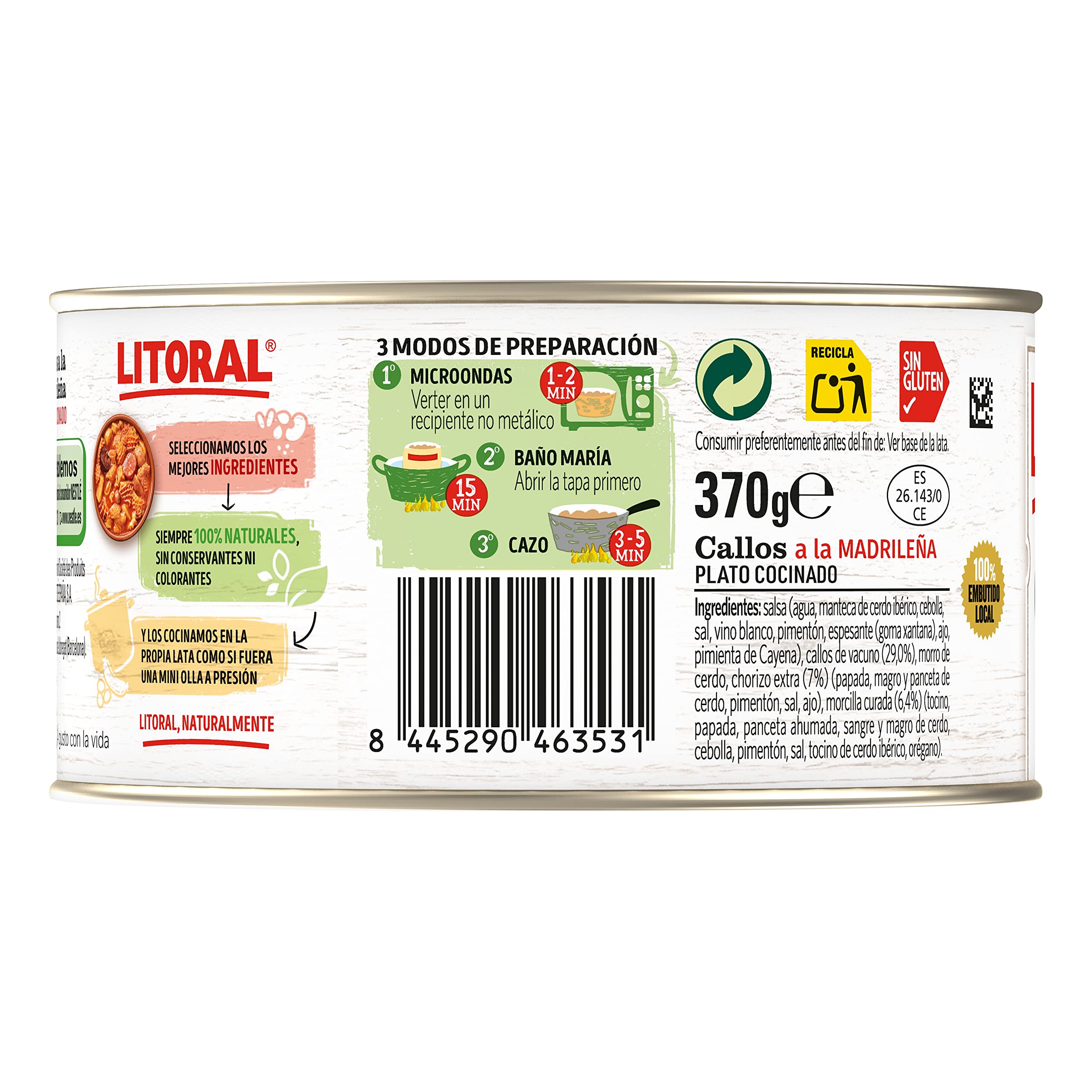 LITORAL Callos Madrileña - Plato Preparado Sin Gluten - Pack de 12x370g - Total: 4.44kg