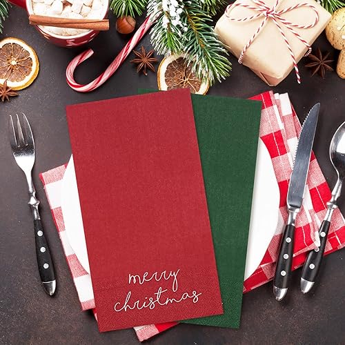 Miniatura 6 de Whaline Servilletas de papel para invitados de Navidad, color rojo y verde, servilletas de papel desechables para invitados de Navidad, suministros