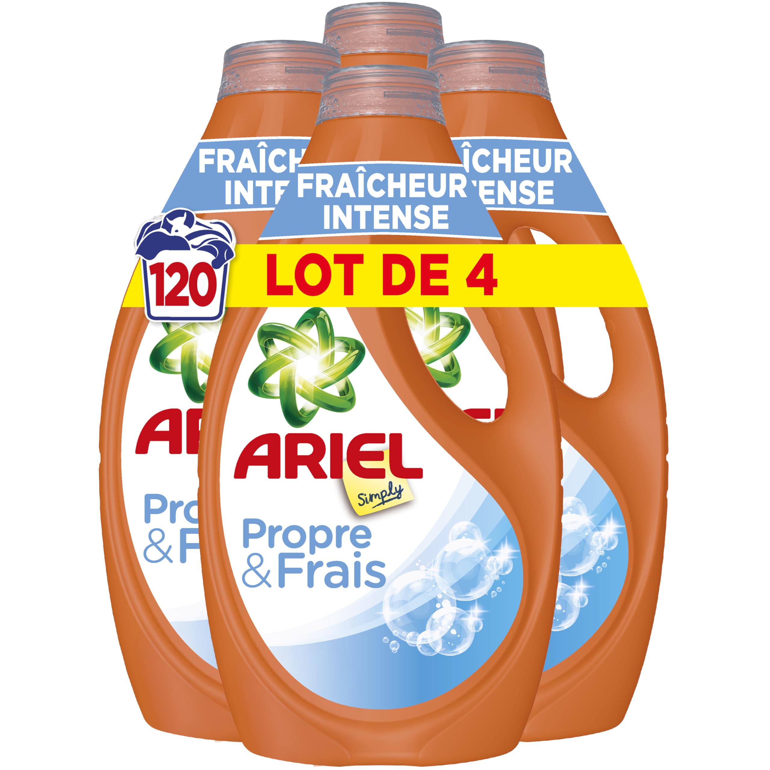 Ariel Simply Lessive Liquide, 120 Lavages (4x30), Parfum Fraîcheur Intense, Propre et Frais, Choix économique, Fabriqué en France