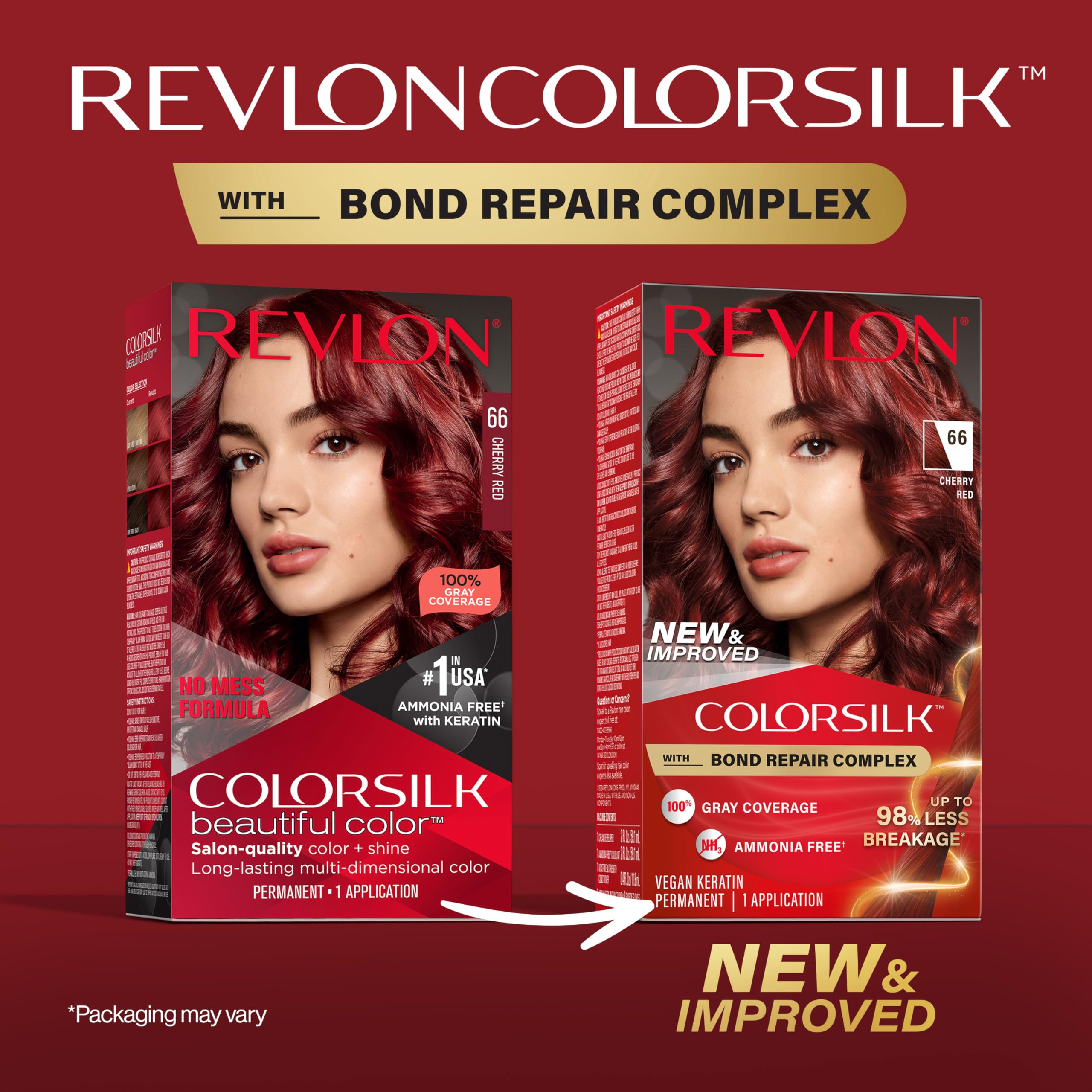 Revlon ColorSilk with Bond Repair Complex, Red Permanent Hair Color, 100% Gray Coverage, Ammonia Free Hair Dye, Vegan Keratin, 66 Cherry Red (Pack of 3)