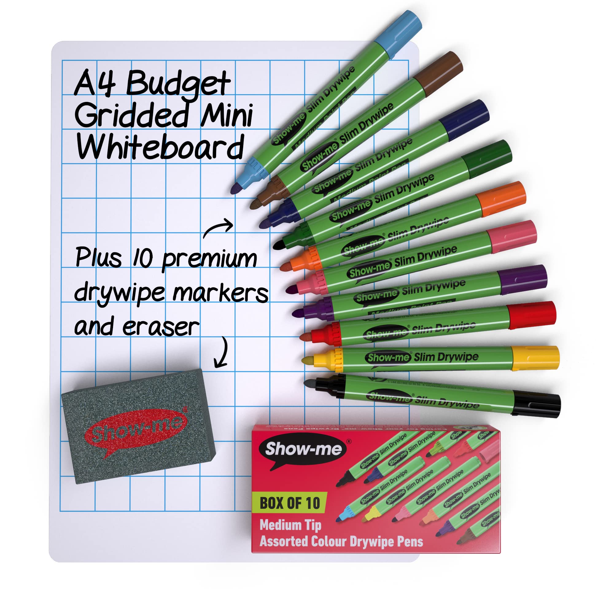 Show Me A4 Gridded Mini Whiteboard Kit Marker Pen Assorted Erasable