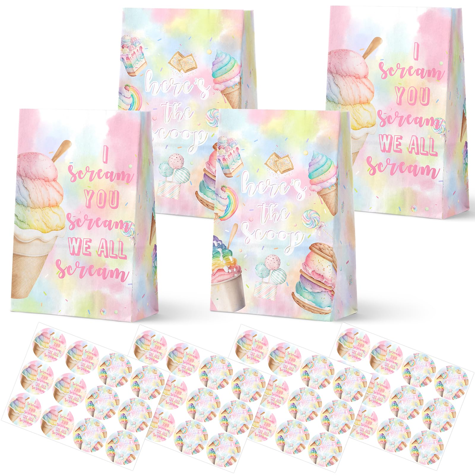 24-Pack Ice Cream Goodie Bags with Stickers - Ideal for Kids' Birthdays, Baby Showers, and Ice Cream Themed Parties