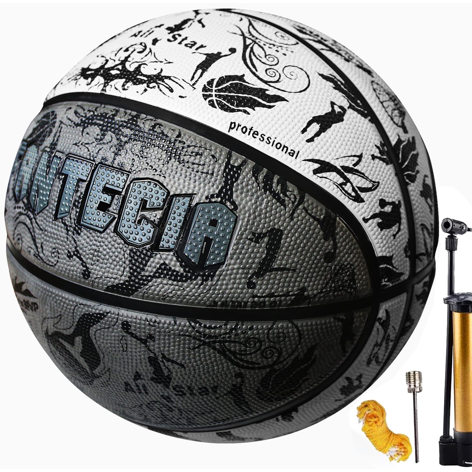 Street Basketball Size 7 with Pump, Indoor Outdoor Rubber Basketball Ball for Kids Adults