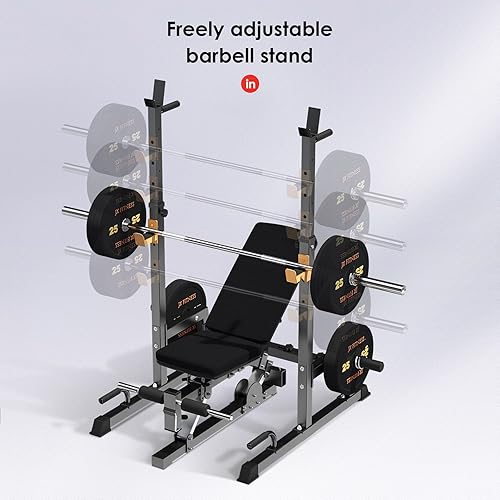 Miniatura 4 de Máquina para sentadillas, soporte para pesas, soporte plegable para pesas y banco de prensa, altura y ancho ajustables. Con barras de dominadas,