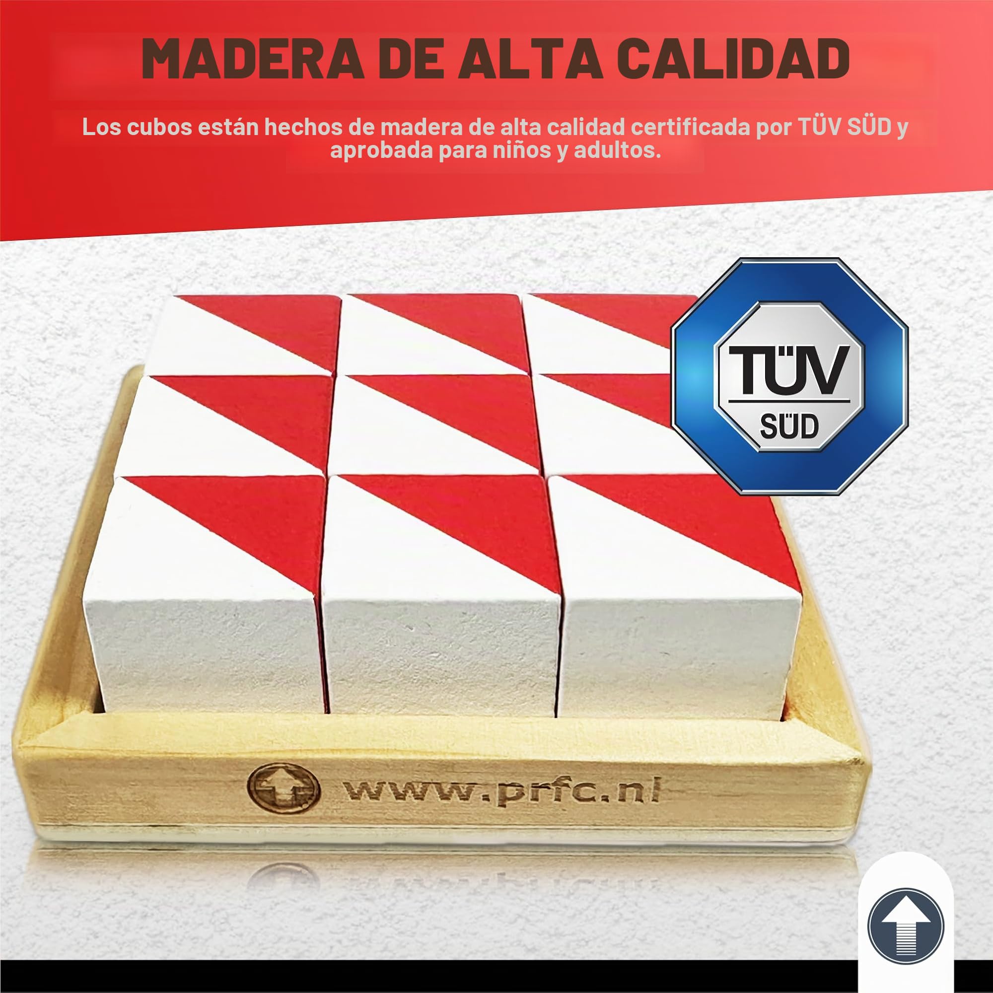 PrfcNL Rompecabezas de Cubo IQ de Madera, 9 Bloques cúbicos en Blanco y Rojo, 2.5 x 2.5 x 2.5 cm, con 60 diseños y aplicación
