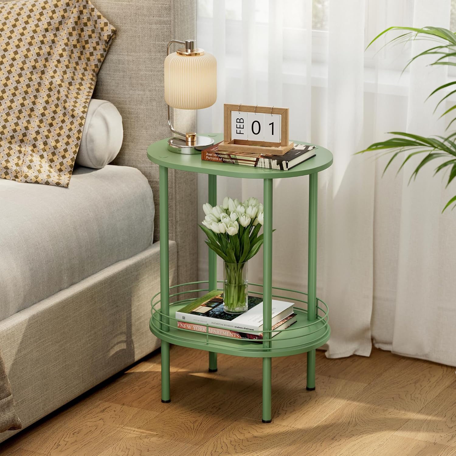 Small Modern Oval Side Table with Storage 2-Tier Side Tables Living Room Sturdy Nightstand for Small Space -