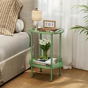 Small Modern Oval Side Table with Storage 2-Tier Side Tables Living Room Sturdy Nightstand for Small Space -