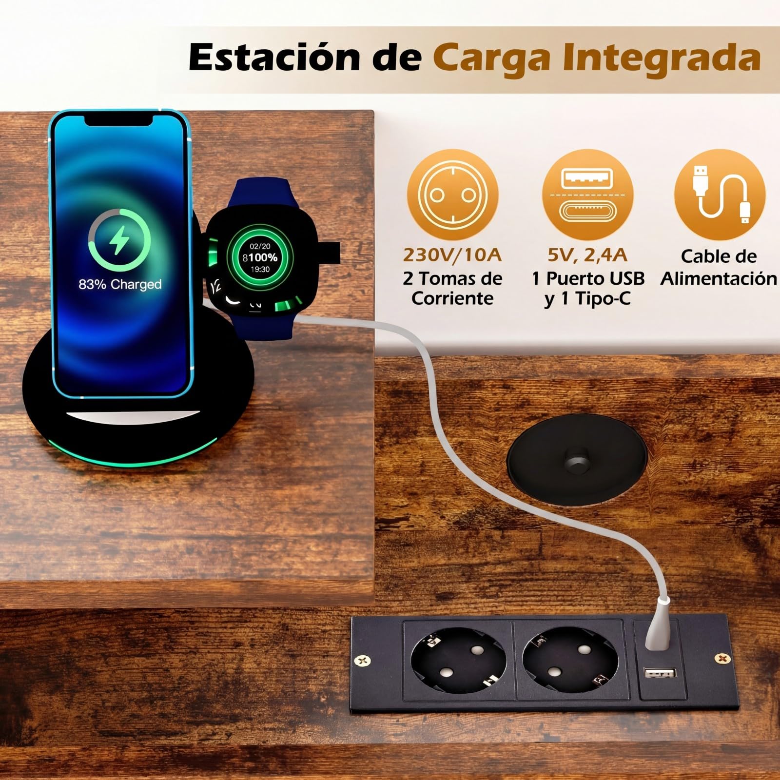 COSTWAY Mesa Auxiliar con Tapa Elevable y Estación de Carga, Mesa de Escritorio con Ruedas, Compartimento Oculto y Estantes, Mesita de Noche para Sofá, Salón y Dormitorio, 60x24x67,5 cm, Industrial
