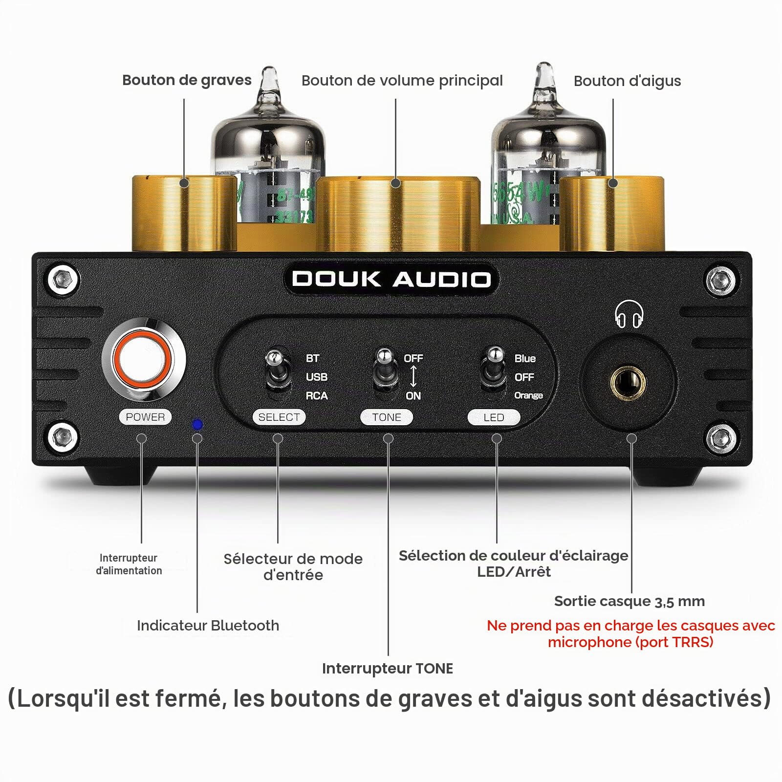 Douk Audio Préamplificateurs Hifi à tubes - Bluetooth 5.0 aptX - Sortie USB, DAC - Amplificateur de casque