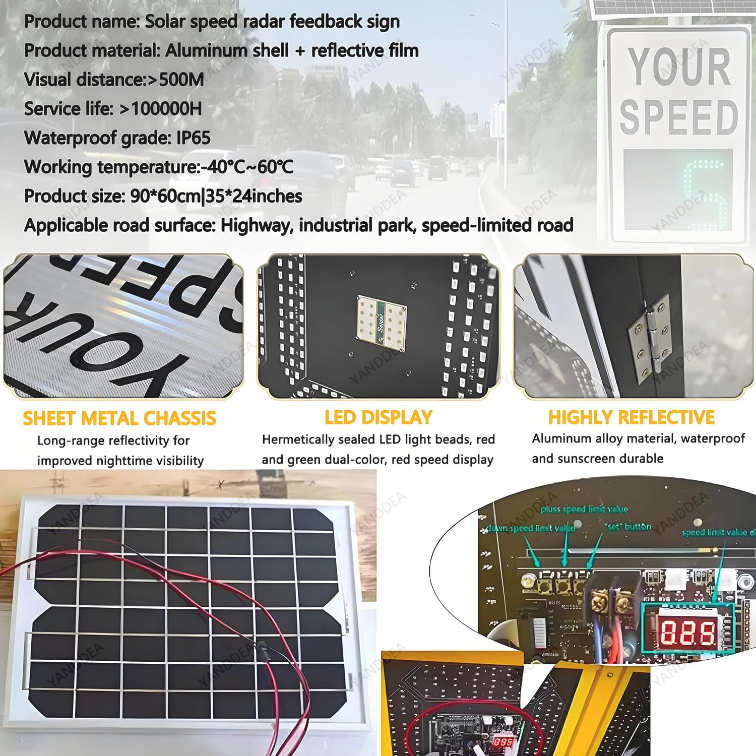 Señal de límite de velocidad de radar con control remoto, pantalla LED de retroalimentación alimentada por energía solar, detector de velocidad de tráfico, tablero de advertencia digital, 24 x 35