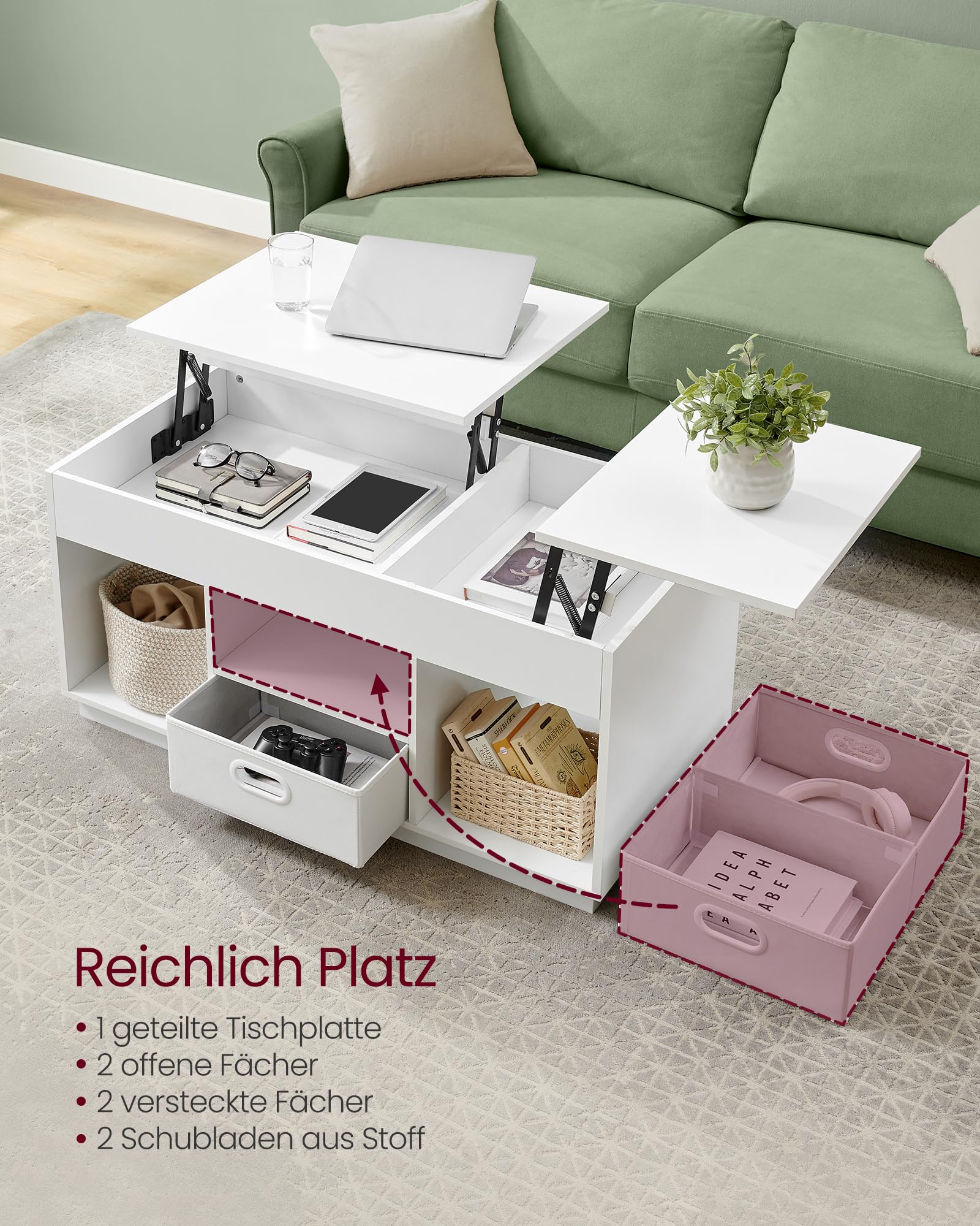 VASAGLE CUSTOS Kollektion - Couchtisch, höhenverstellbarer Wohnzimmertisch, 2 Schubladen und versteckte Fächer, Kaffeetisch, offene Fächer, für Wohnzimmer, Homeoffice, schneeweiß LCT210W01
