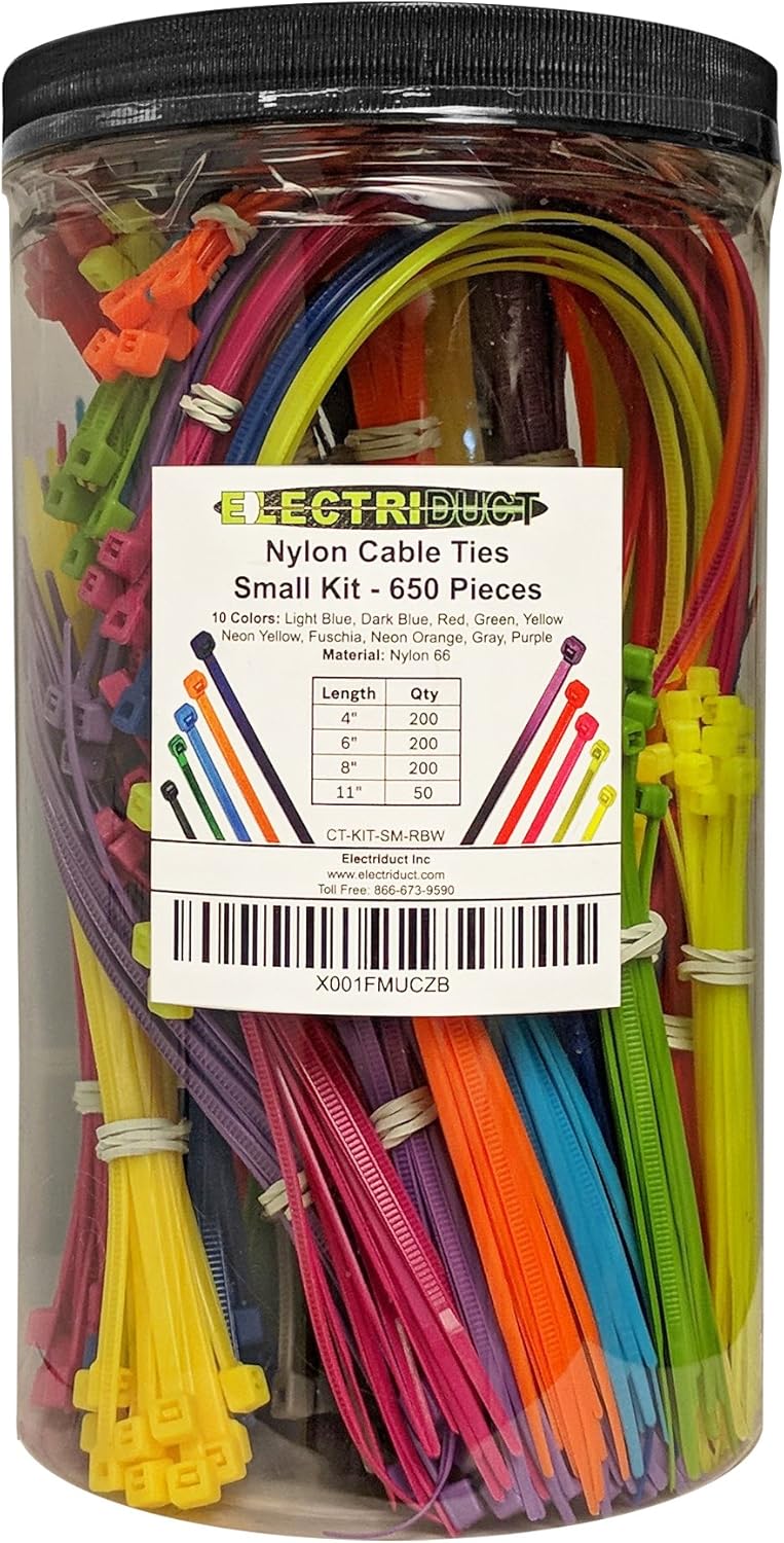 Electriduct Nylon Cable Tie Kit - 2000 Zip Ties - Multi Color (Blue, Red, Green, Yellow, Fuchsia, Orange, Gray, Purple) - Assorted Lengths 4", 6", 8", 11"