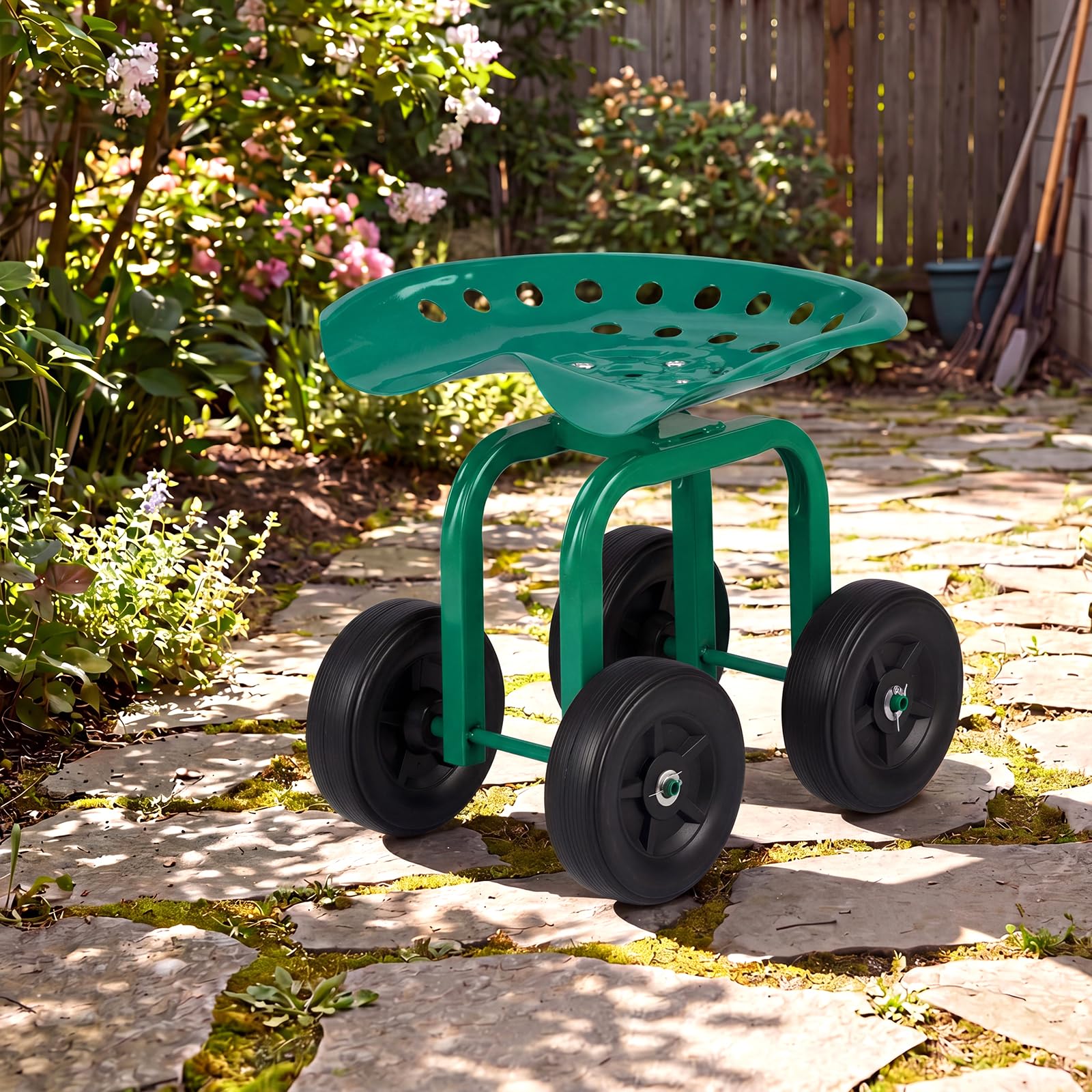 RELAX4LIFE Rollsitz, Gartensitz mit 4 Rädern, Gartenrollsitz 360 ° Drehbar & Höhenverstellbar 40-50 cm, Fahrbarer Arbeitssitz aus Metall, bis 150 kg, für Gartenarbeit & Autopflege