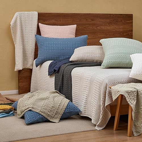 Miniatura 7 de PHF - Paquete de 2 fundas de almohada de 100% algodón, punto gofre, sin relleno, elegantes fundas decorativas para cama, sillón y sofá, 26 x 26