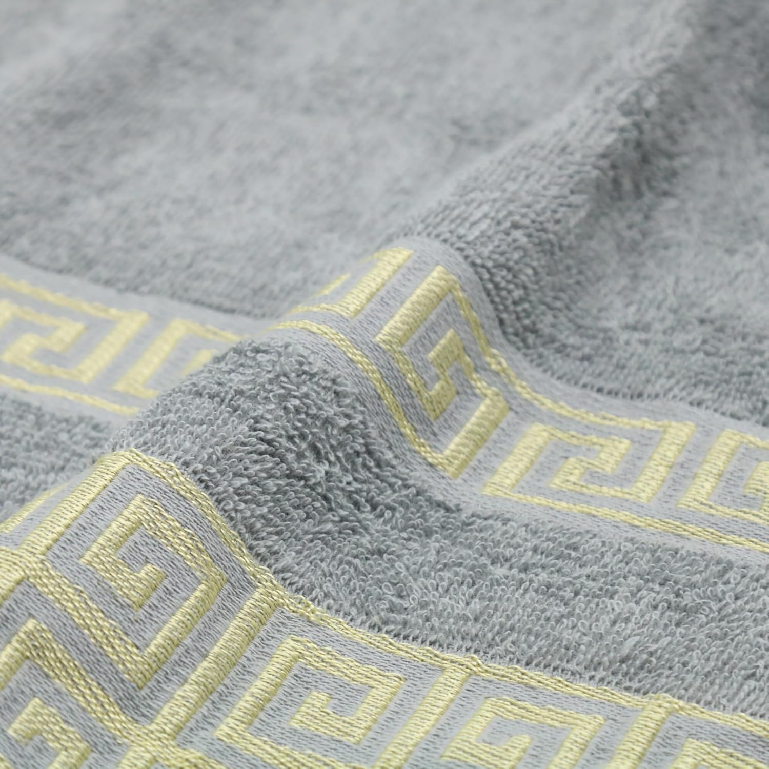 Luxury 3 Piece Greek Key Towel Set - 1 Bath Towels, 2 Hand Towels, 100% Cotton Highly Absorbent Embroidered Bath Towel Set, Gray Towel Set GR0102