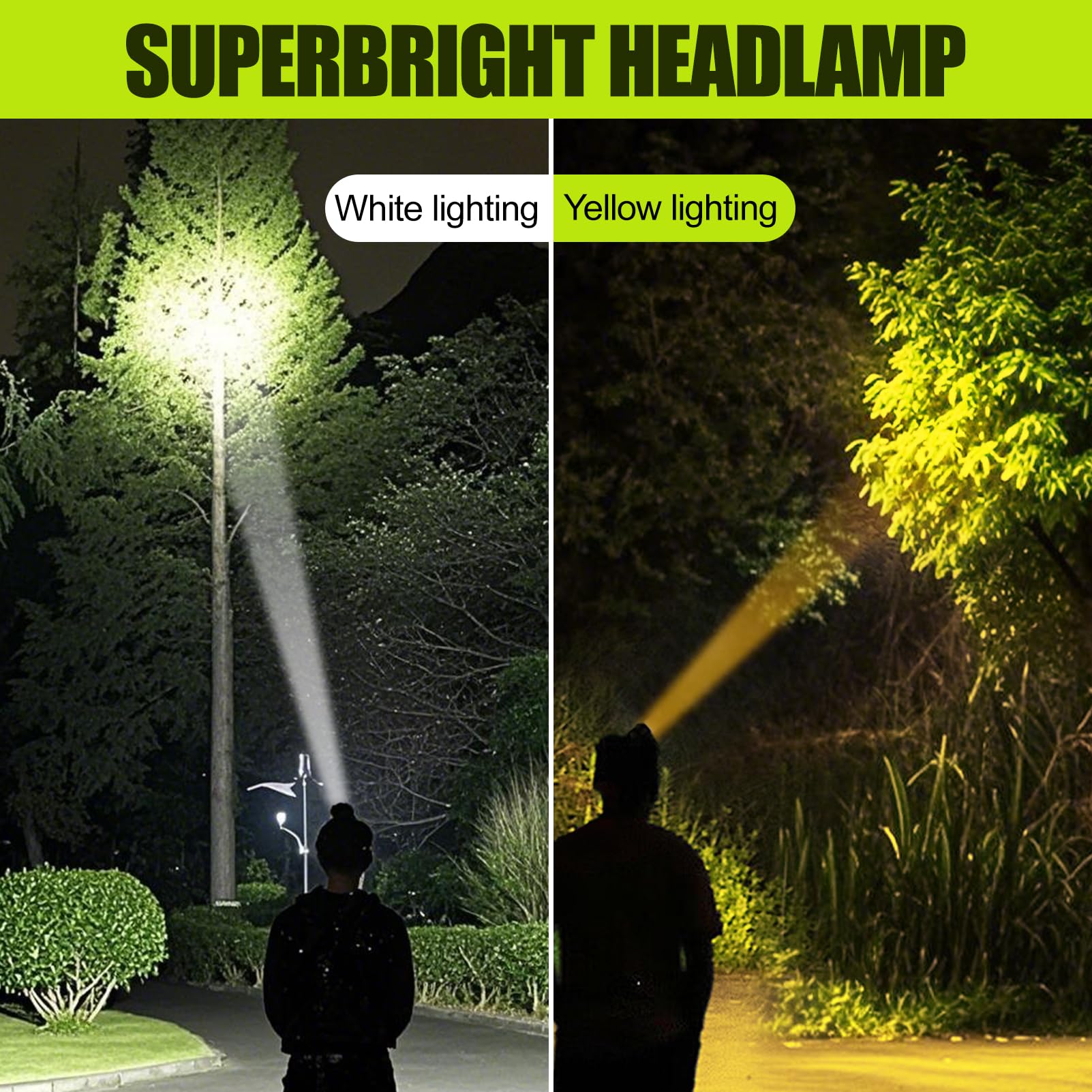 Superhelle LED-Stirnlampe wiederaufladbar, hohe Lumen wasserdichte 4 Modi Stirnlampe Taschenlampe, leichte Stirnlampe für Camping, Laufen, Wandern, Angeln (Spotlight-Yellow Light)