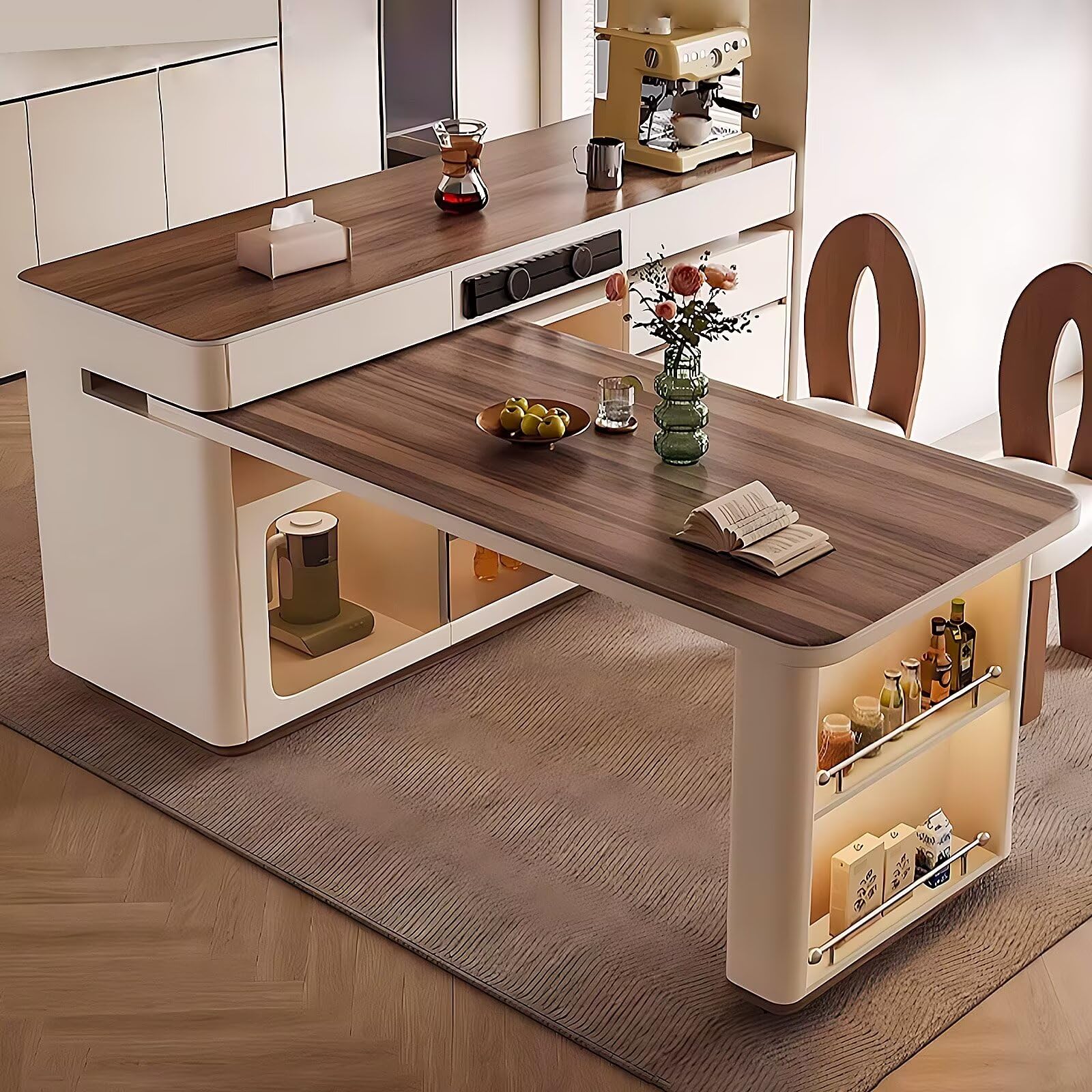 High QLO Kitchen Island - Kitchen Island with Extendable Dining Table Includes Scalable Rotating Design Pull-Out Cabinets with