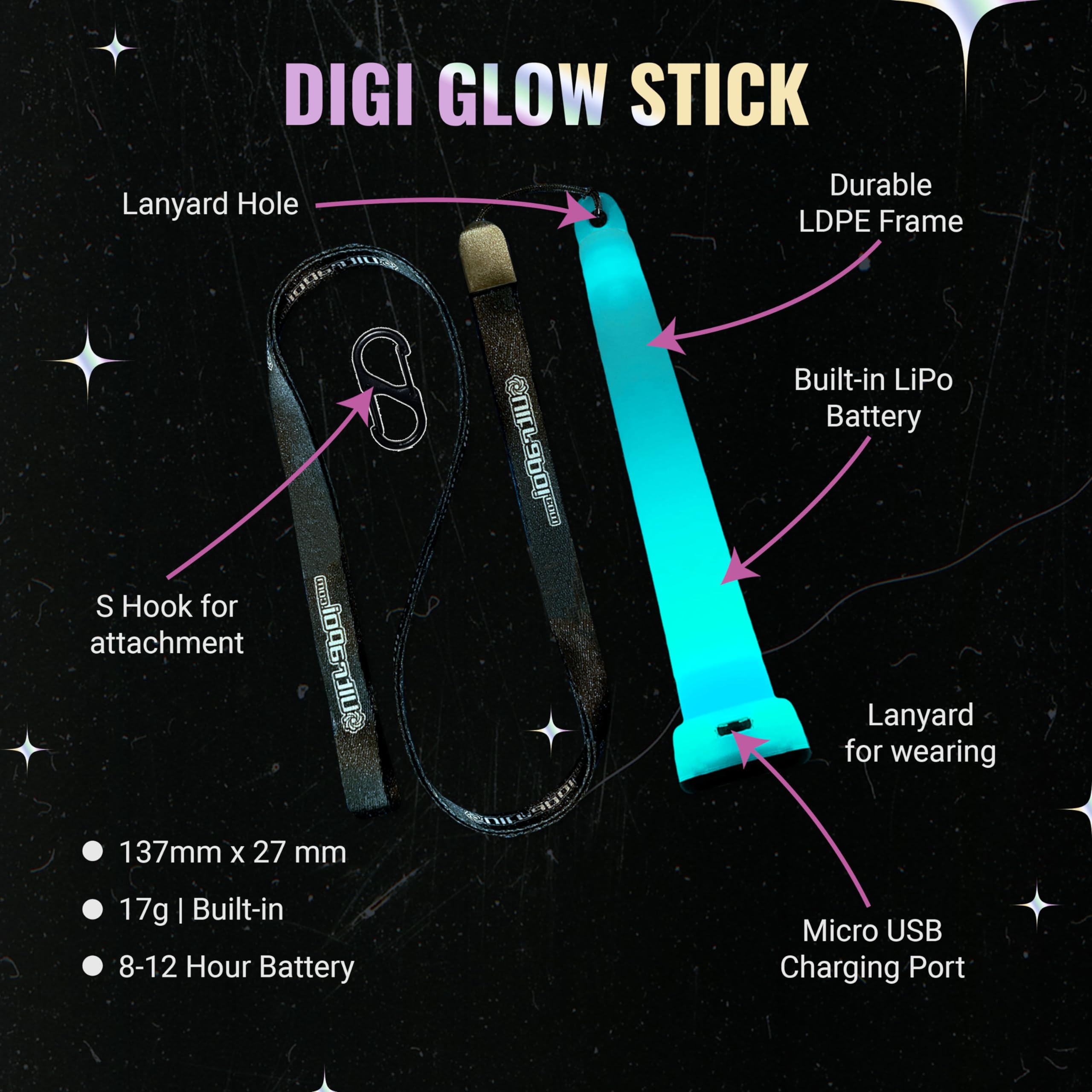 UltraPoi Digi Rechargeable LED Glow Stick Set – RGB Light Sticks With S-Hook & Lanyard For Poi, Parties, Festivals & Camping